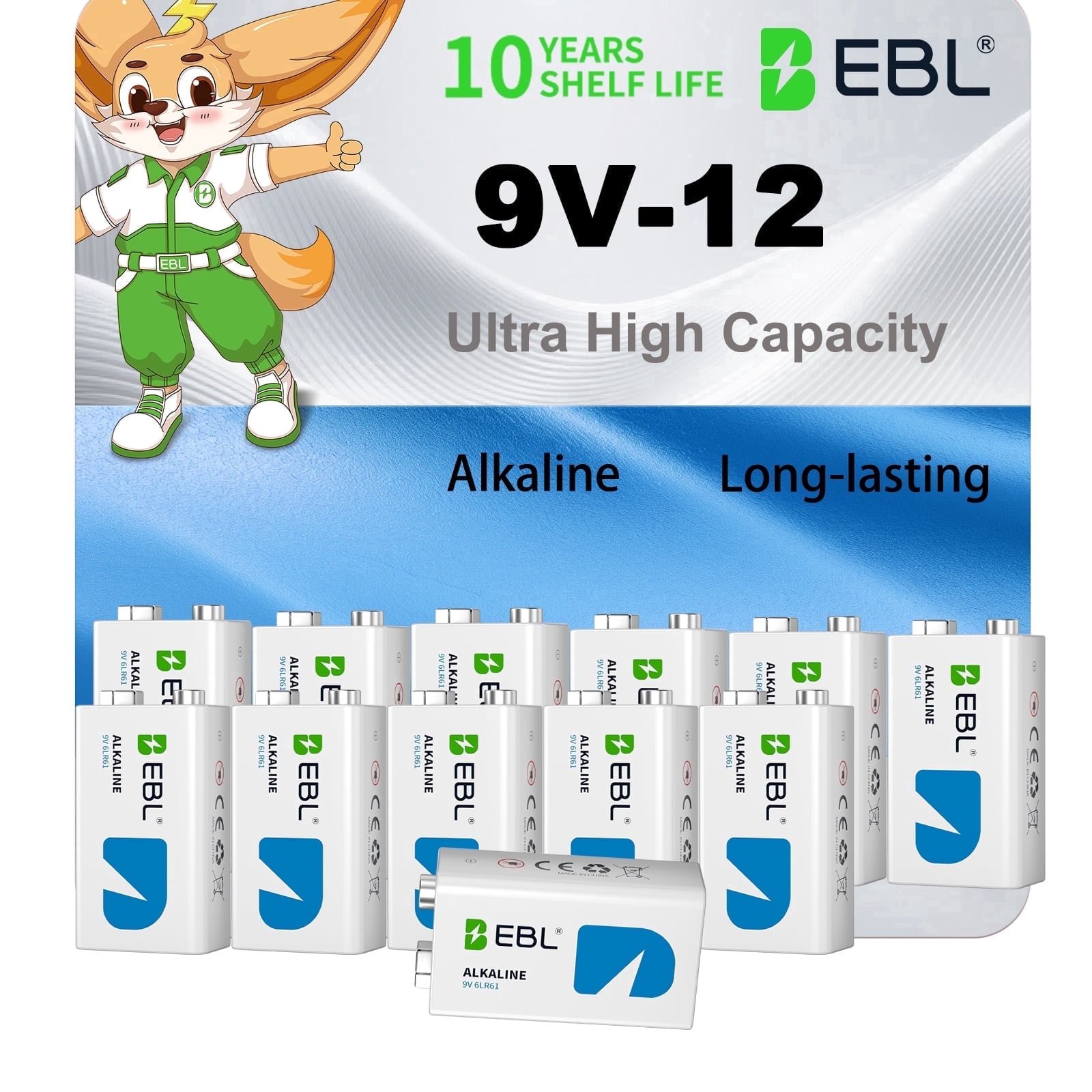 EBL 9V Alkaline Batteries 12-Pack, 9 Volt Battery, High Capacity(600mAh) & Zero Leak, 10-Year Shelf Life for Smoke Alarms, Toys, Remote Controls