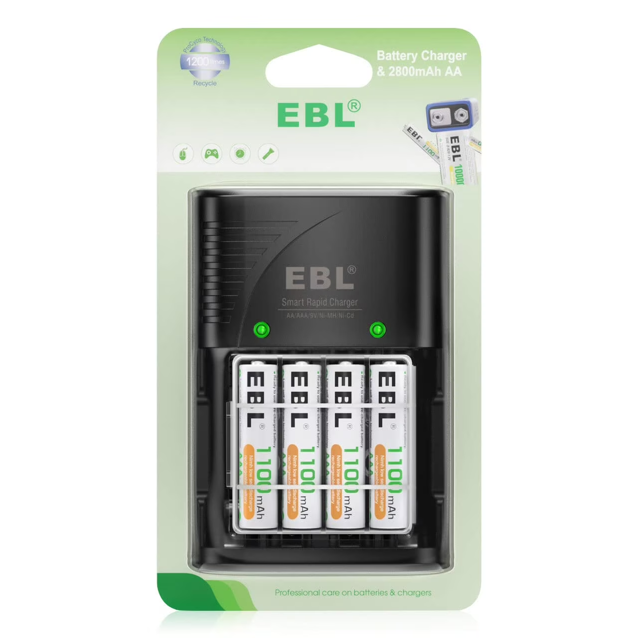 Paquete de 4 pilas recargables AAA EBL con cargador inteligente