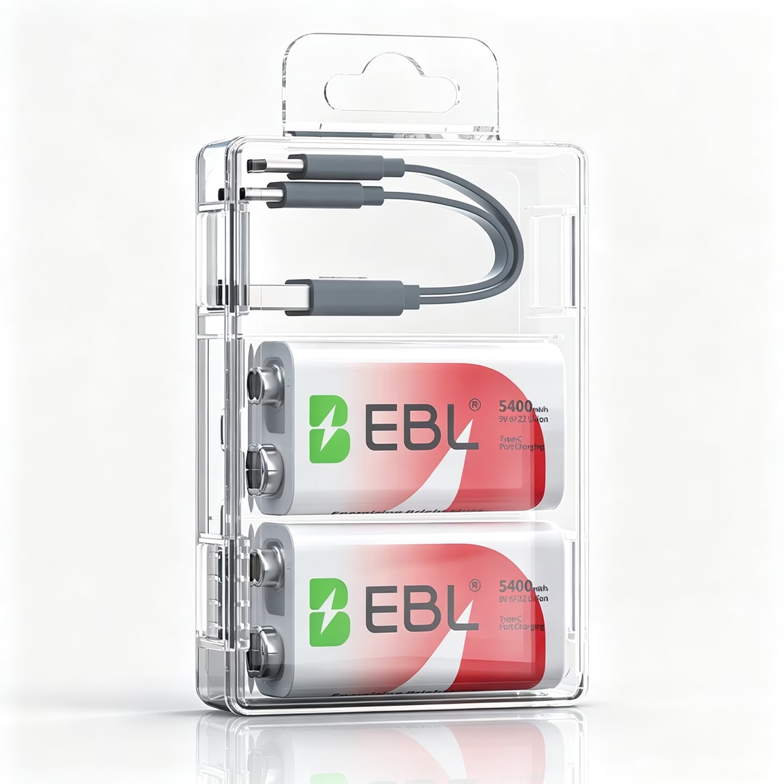 EBL 9V Rechargeable Lithium Batteries 2 Count, 5400mWh Square Rectangle 9 Volt Li-ion Battery USB-C Charging, Long lasting High-Drain Steady Power for Guitar pedal Wireless Mic