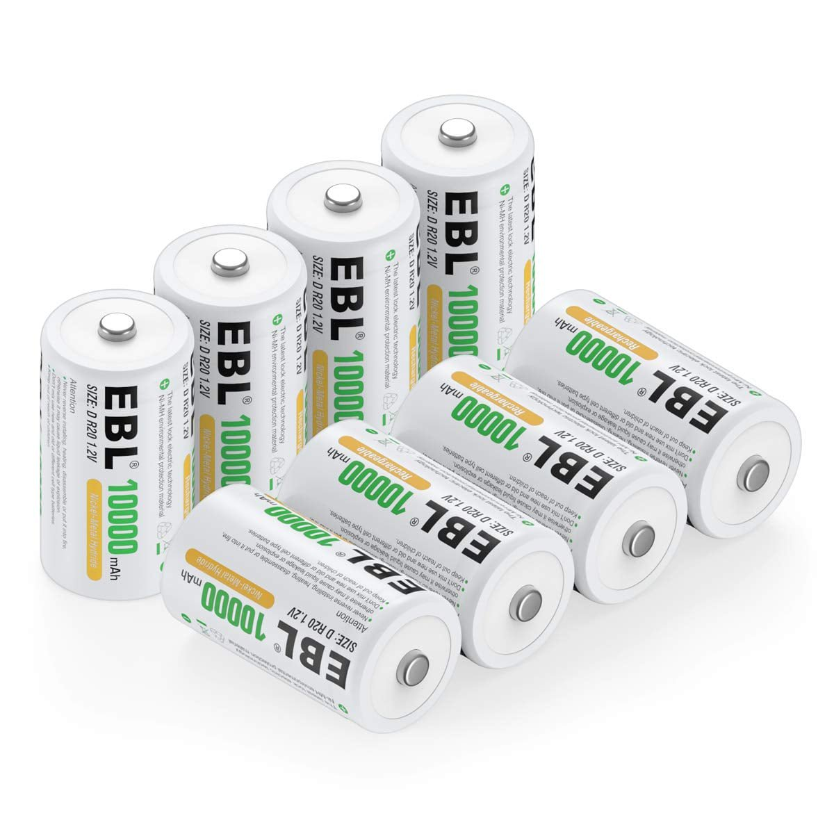 EBL 8 Pack 10000mAh Rechargeable D Batteries D Cell Size Ni-MH Battery 1.2V
