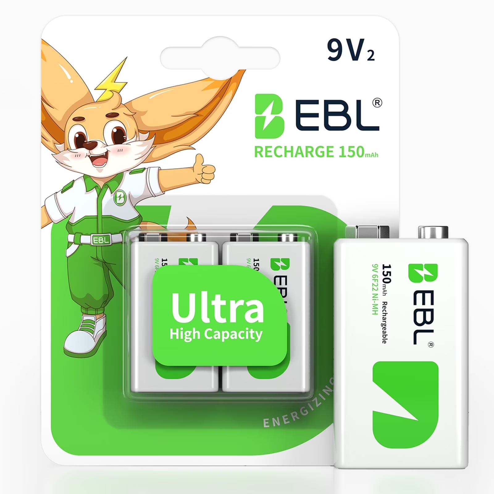 Baterías recargables EBL de 9 V NiMH Everyday de 150 mAh para dispositivos domésticos y de oficina, paquete de 2 unidades.