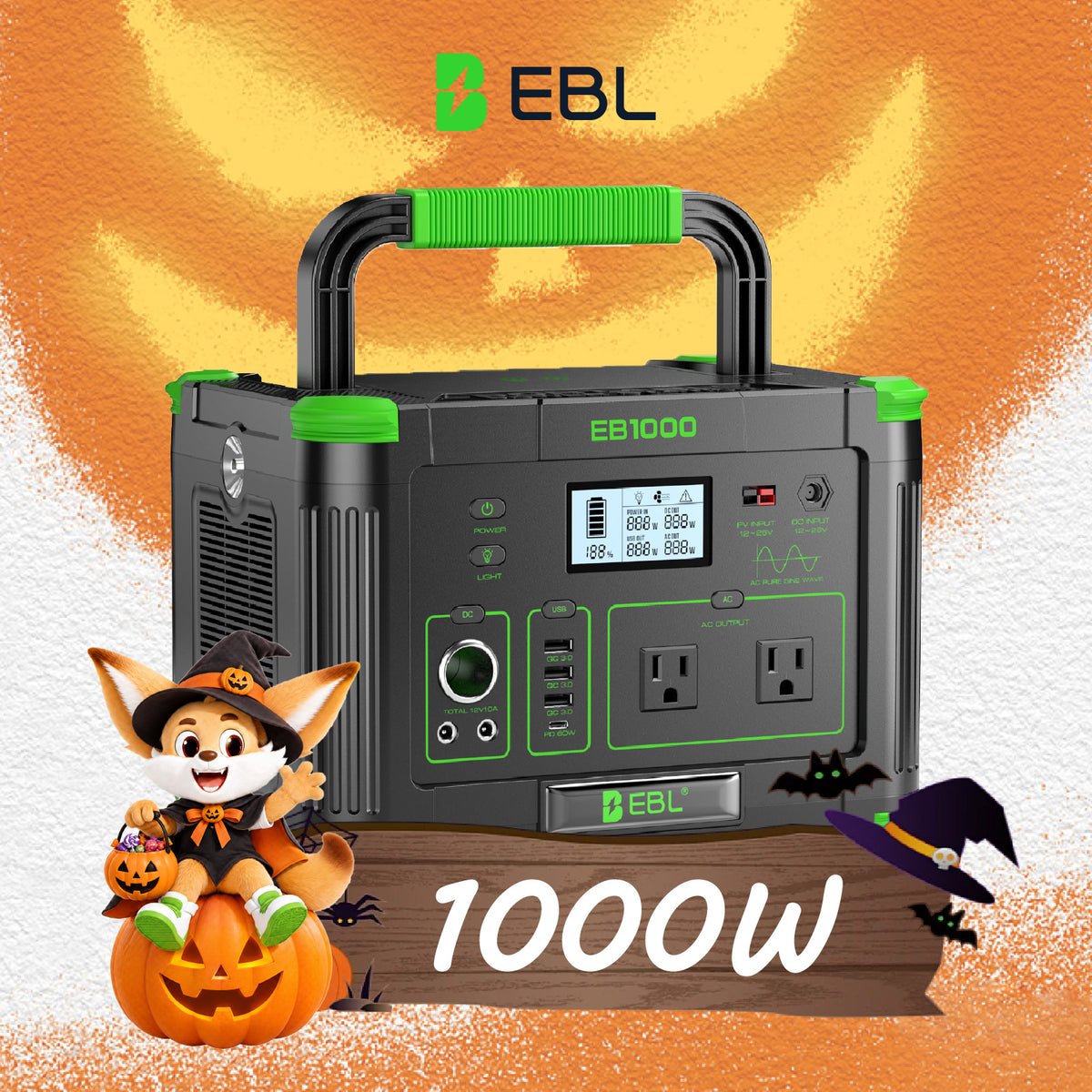 👻 Boo! Add to Cart Now $309.99 | EBL 1000W Portable Power Station Solar Generator, 999Wh Fast Charging Backup Battery with 10W Wireless Charging & Multiple Ports for Camping, Home Backup, RV & Off-Grid Power