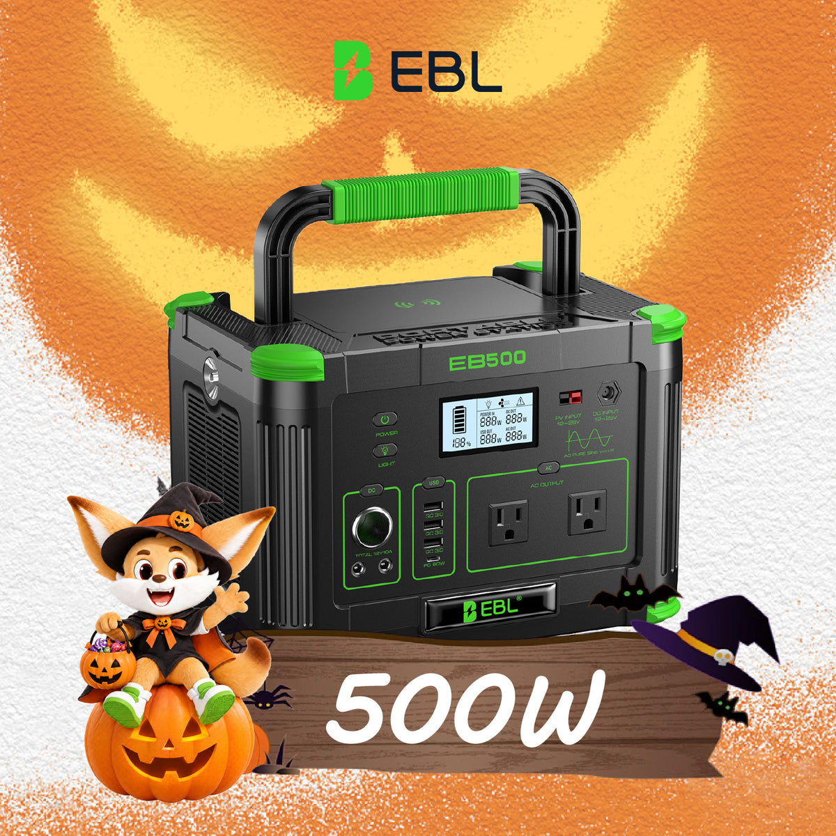 👻 Boo! Add to Cart $199.99|EBL 500W Portable Power Station, 519Wh Pure Sine Wave Solar Generator with 10-Device Output for Camping, RV, Road Trips, Outdoor Adventures, Power Outages & Home Emergency Backup