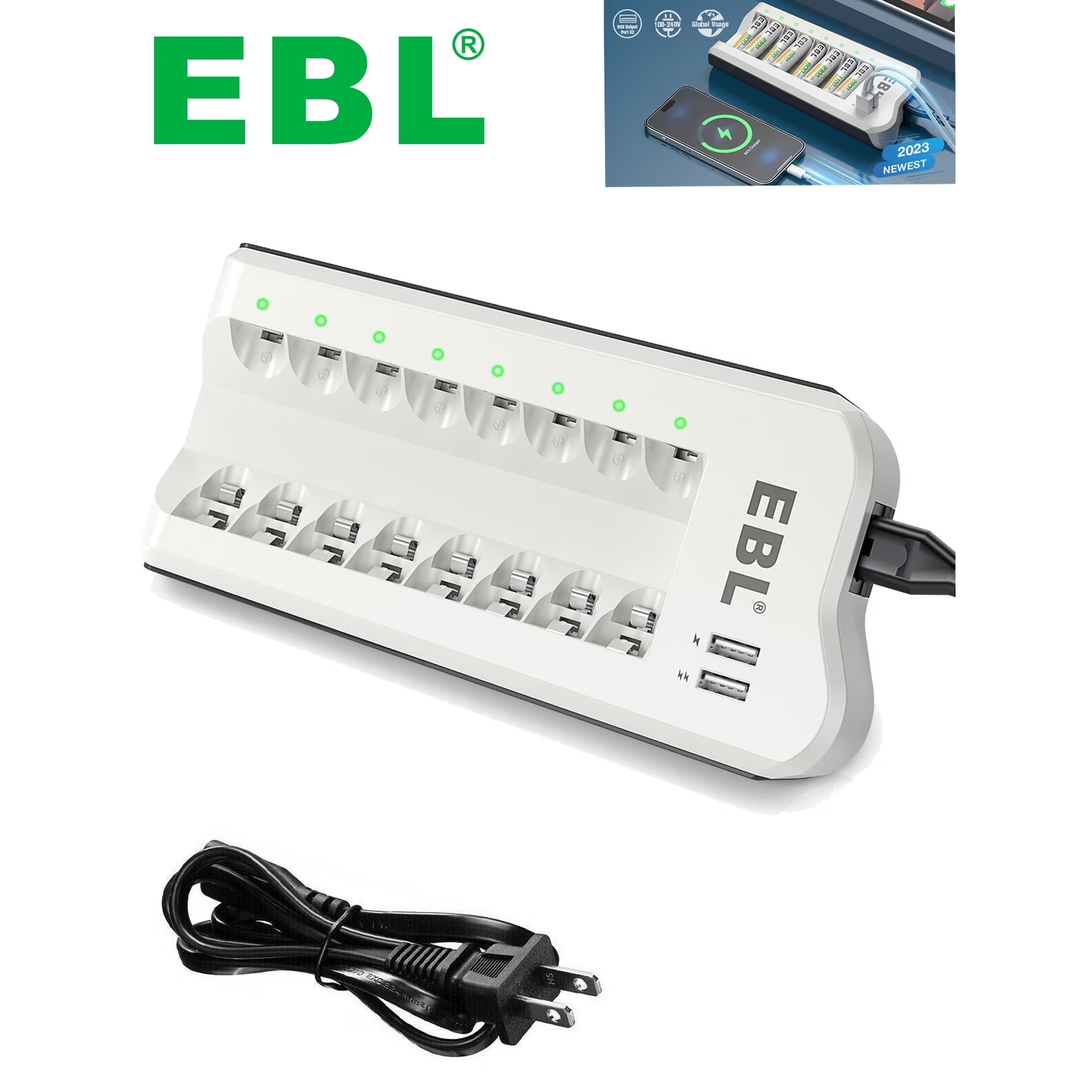 EBL Smart 8 Bay AA AAA Battery Charger for Nimh Nicd Rechargeable Batteries Build-in 2 USB Fast Charging Ports