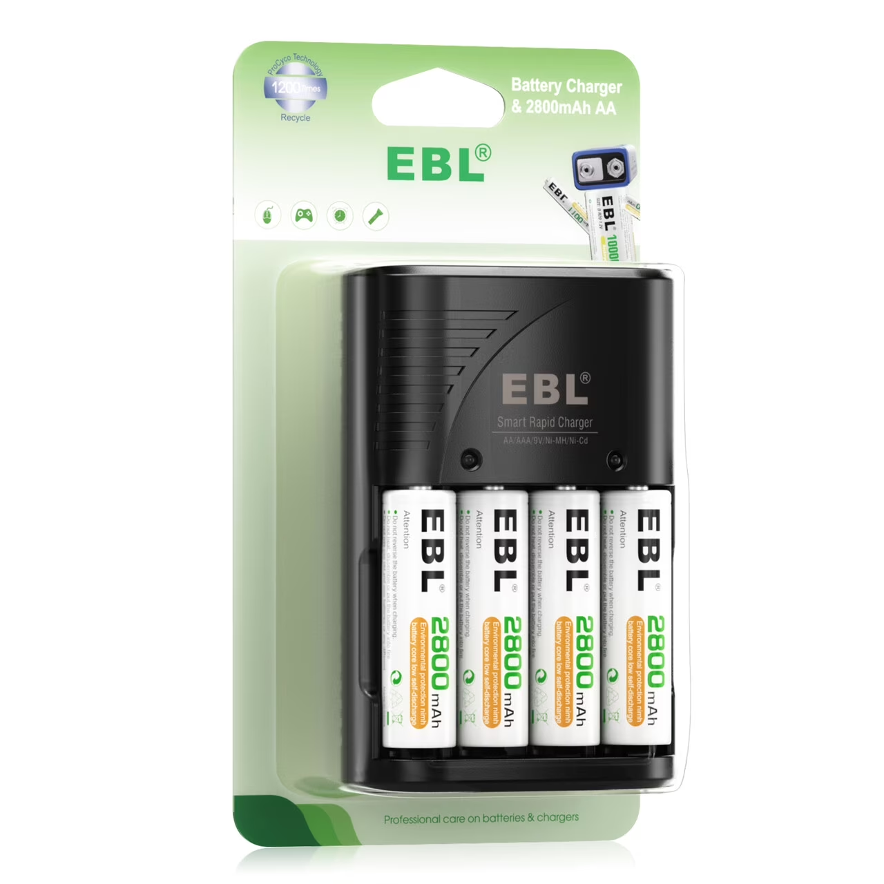 Pilas recargables EBL AA (paquete de 4) + Cargador para pilas AA AAA NiMH de 9V, precarga pilas AA