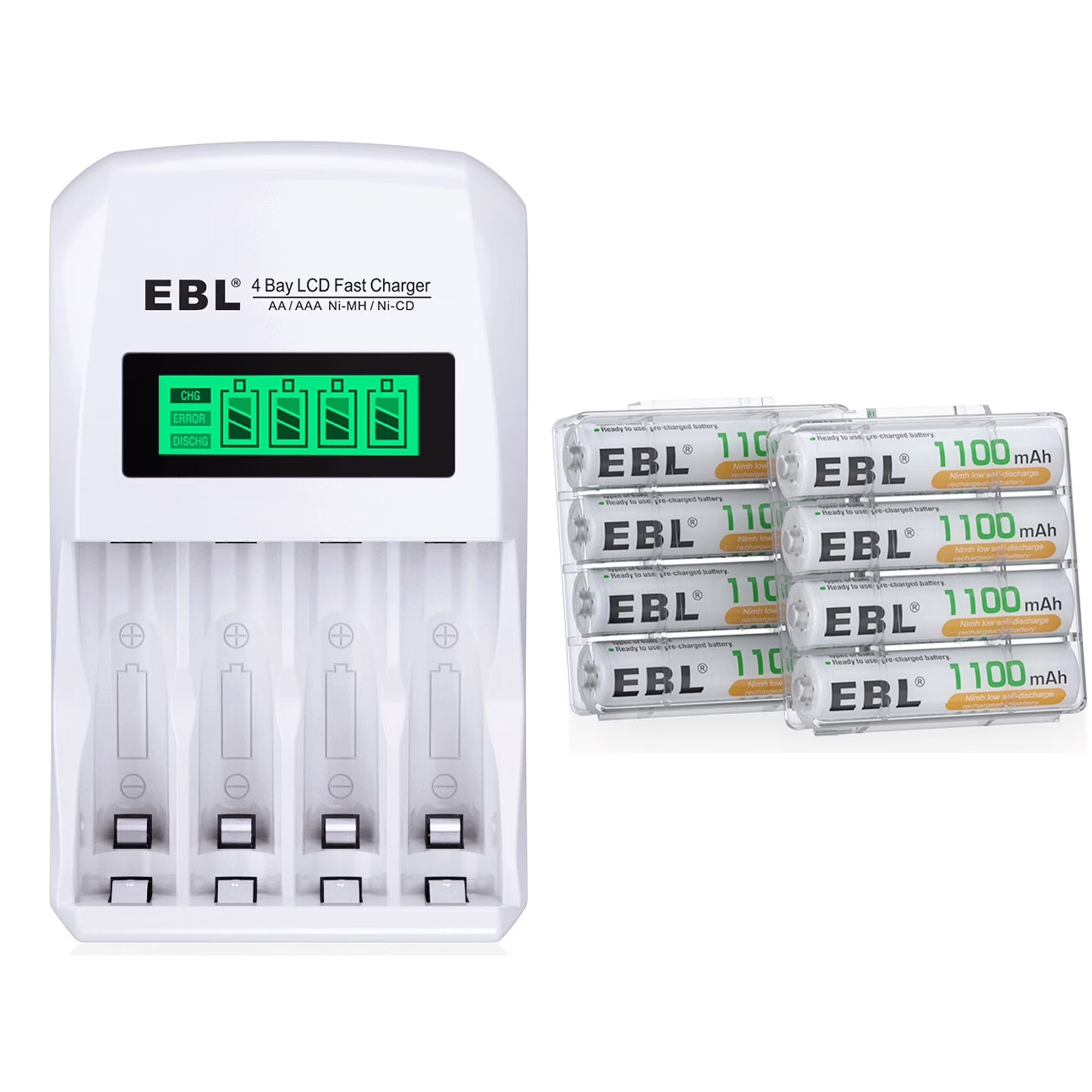 Cargador de baterías EBL LCD AA AAA Ni-MH con 8 baterías recargables AAA de 1100 mAh