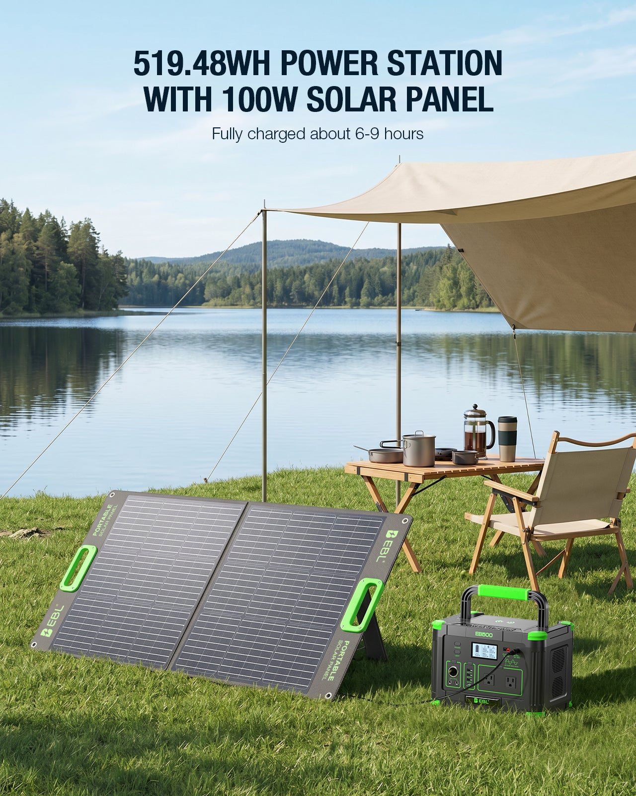 EBL 500W Portable Power Station with 100W Solar Panel, 519Wh Solar Generator, Pure Sine Wave AC Outlet, Portable Battery Backup for Camping, RV, Home Emergency & Outdoor Adventures