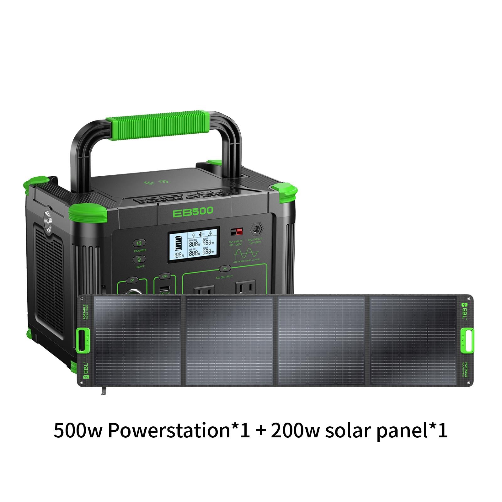 EBL 500W Portable Power Station with 200W Solar Panel, 519Wh Solar Generator, Pure Sine Wave AC Outlet, Portable Battery Backup for Camping, RV, Home Emergency & Outdoor Adventures