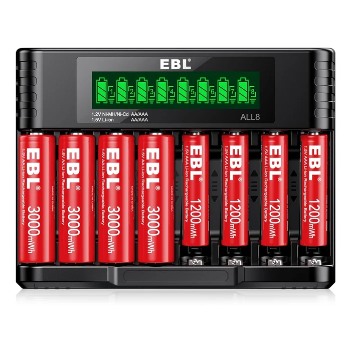 EBL 1.5V Rechargeable Lithium AA AAA Batteries with 8-Bay Charger for Toys, Remotes & Game Controllers