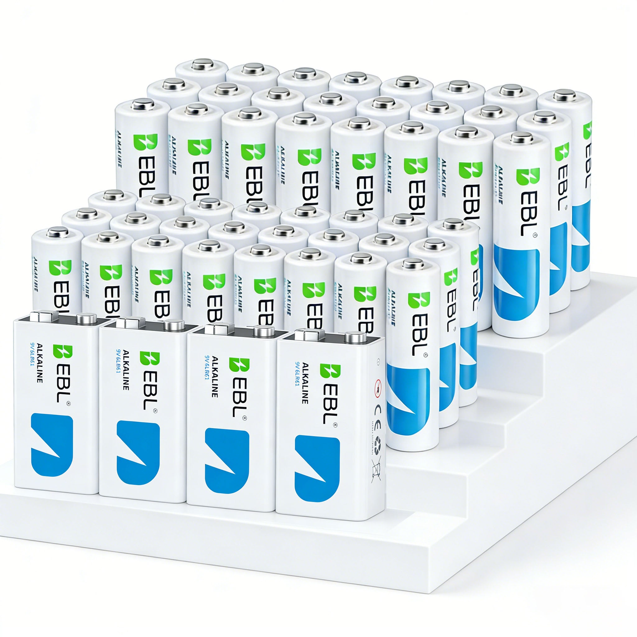 EBL 52 Pack Alkaline Batteries, 24 Pack AA, 24 Pack AAA, and 4 Pack 9V Size Batteries