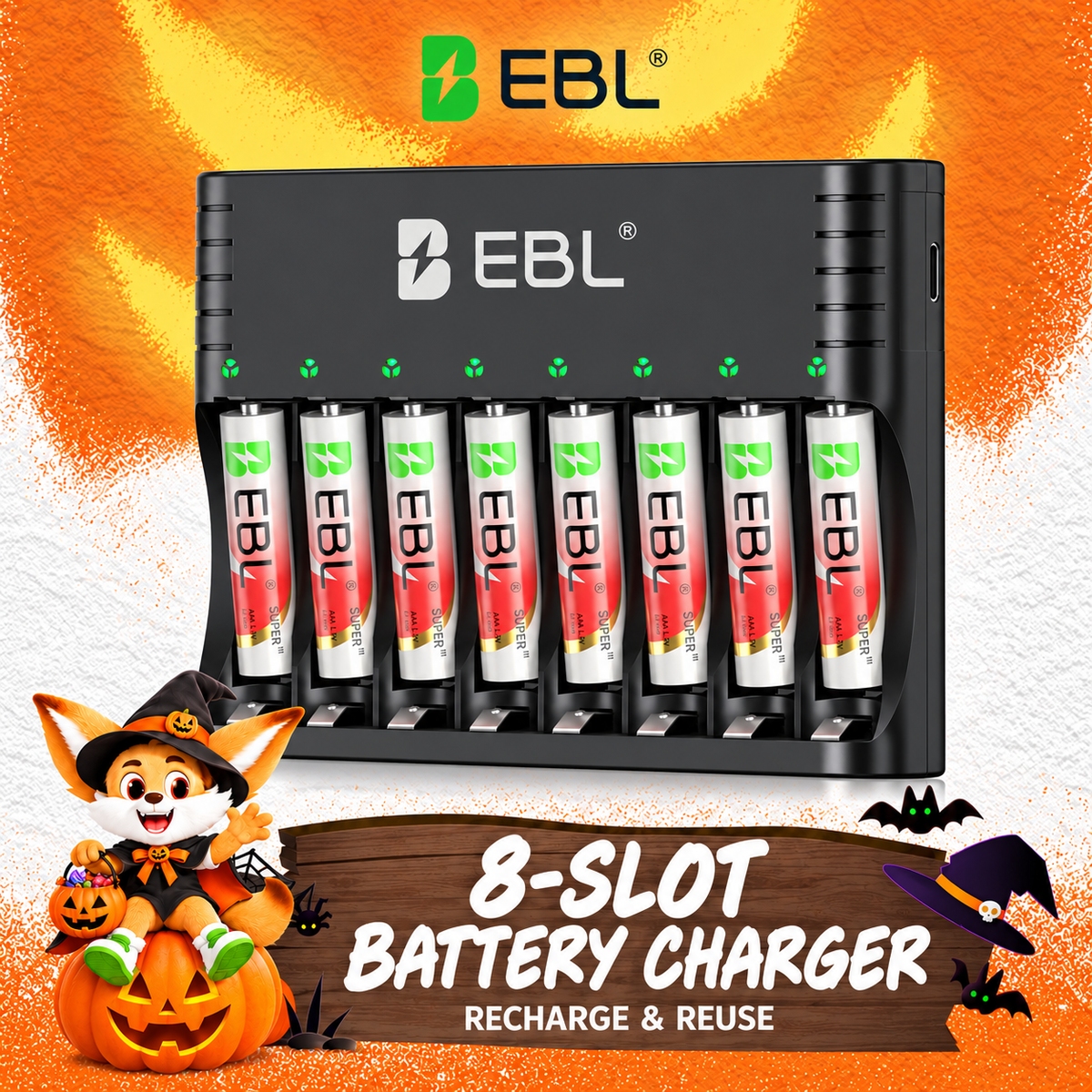 EBL 5-in-1 Smart 8 Slot Charging Bay Battery Charger for AA AAA Rechargeable Batteries, Type-C Input, Works with 1.2V Ni-MH/Ni-CD & 1.5V Lithium Rechargeable Batteries