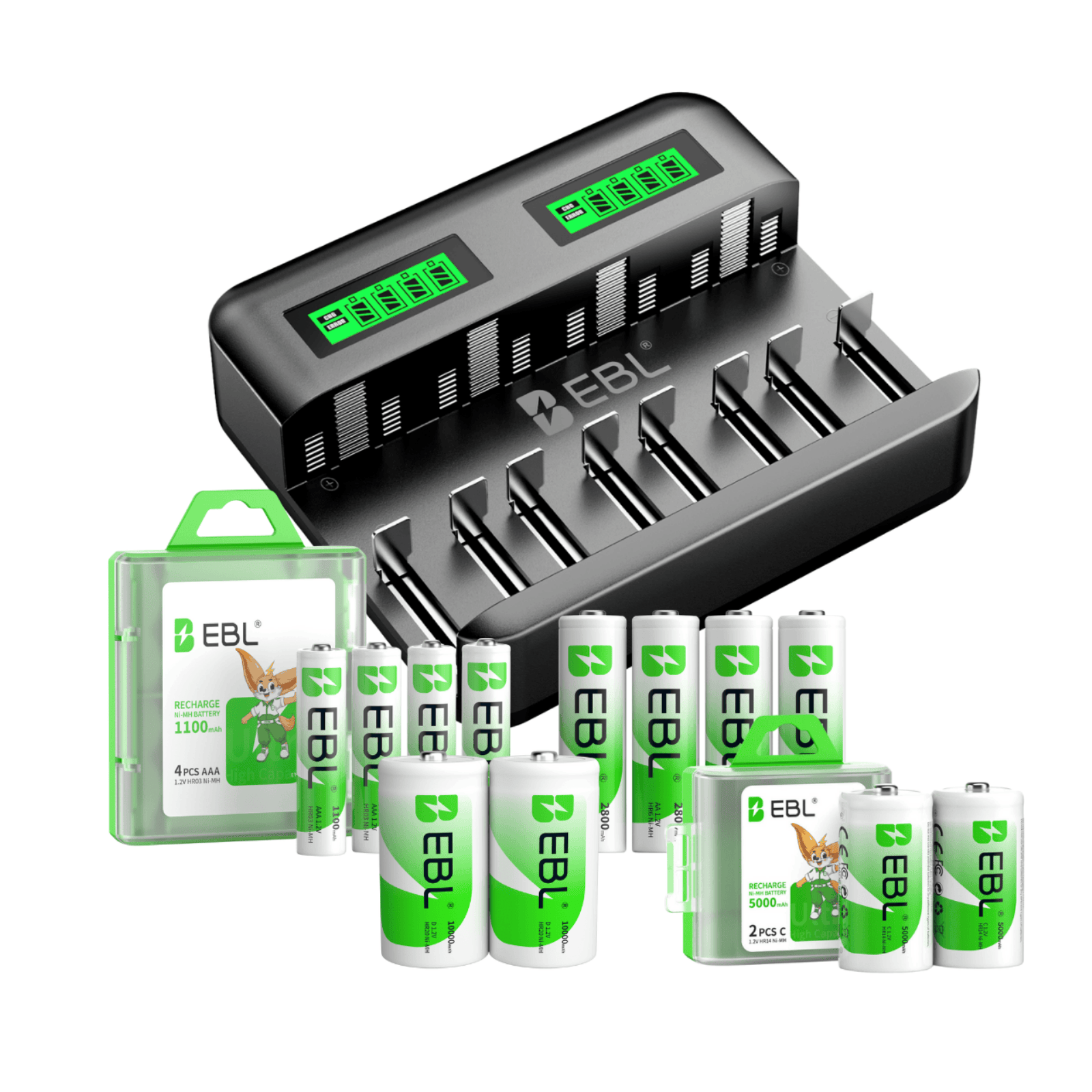 EBL C9008 LCD Battery Charger with AA AAA C D Ni-Mh Rechargeable Batteries