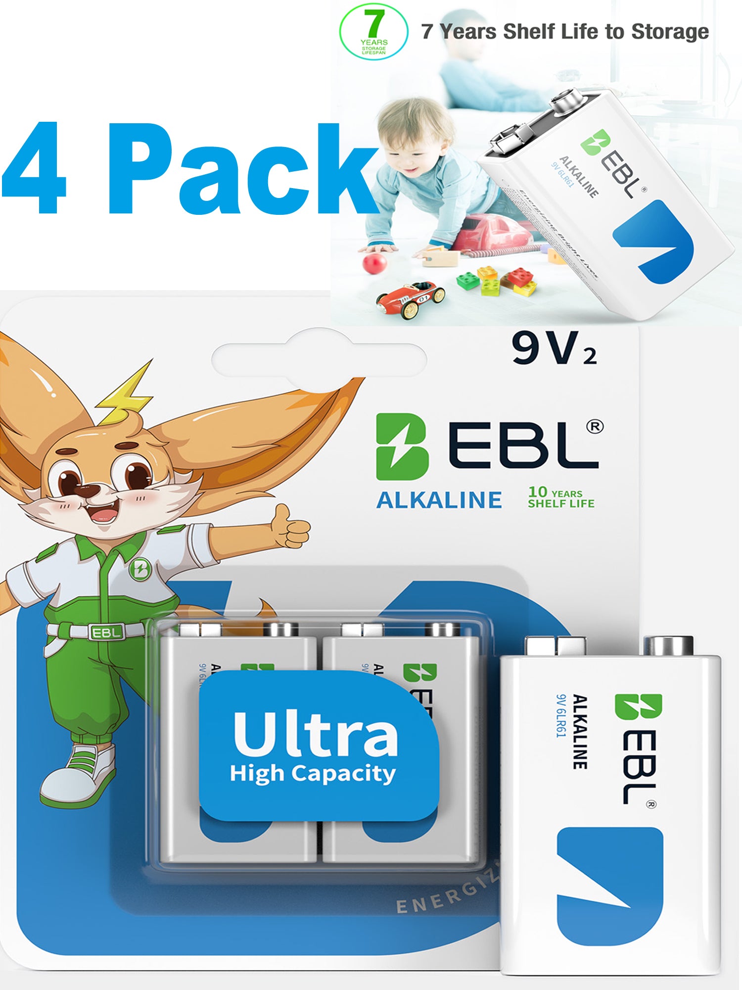 EBL Alkaline 9V Batteries, Long-Lasting, 4 Pack