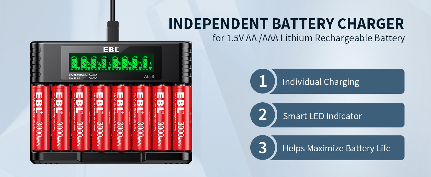 EBL 8 Pack 1.5V Lithium AA AAA Batteries with Charger