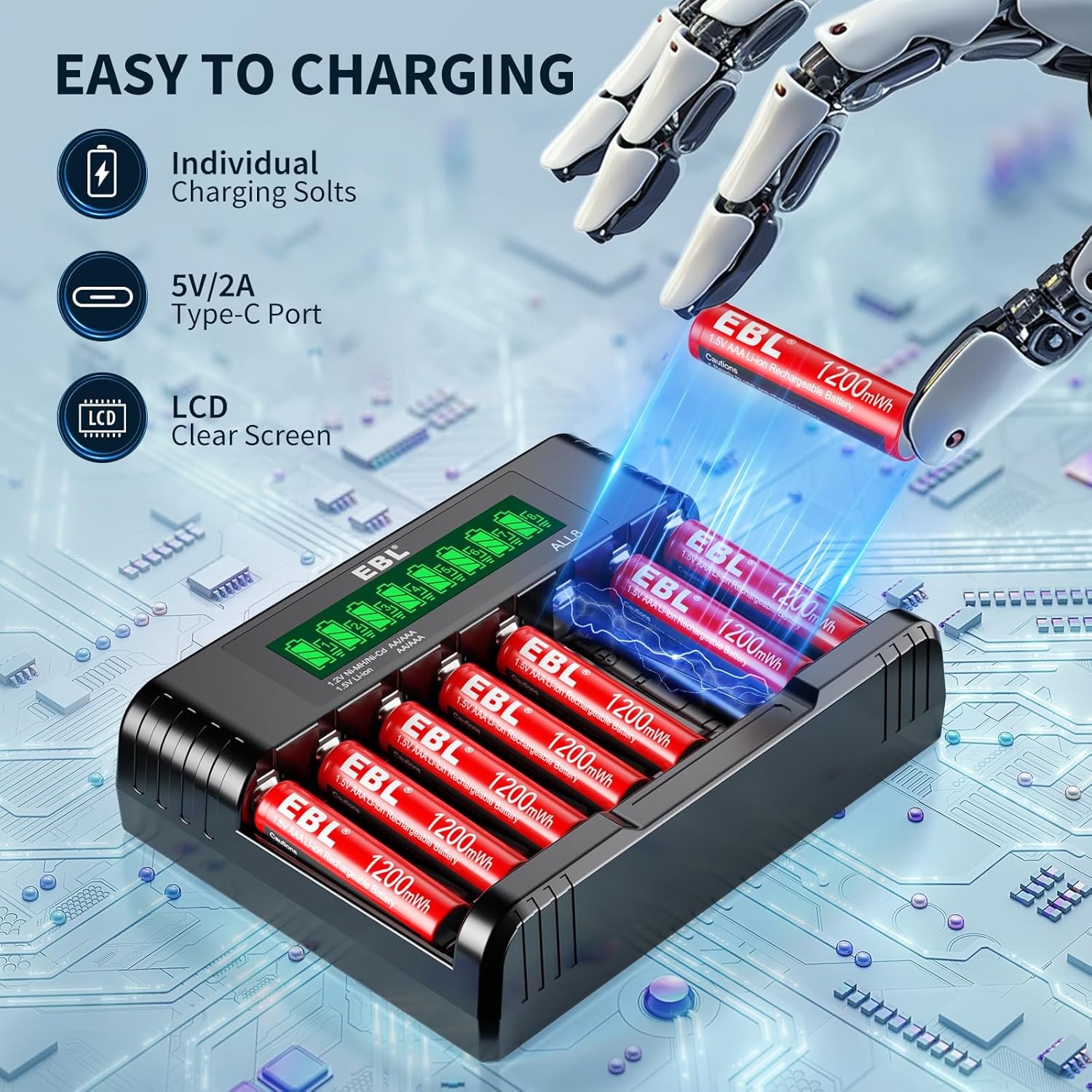 EBL 8-Pack 1.5V Lithium AA AAA Batteries with Charger