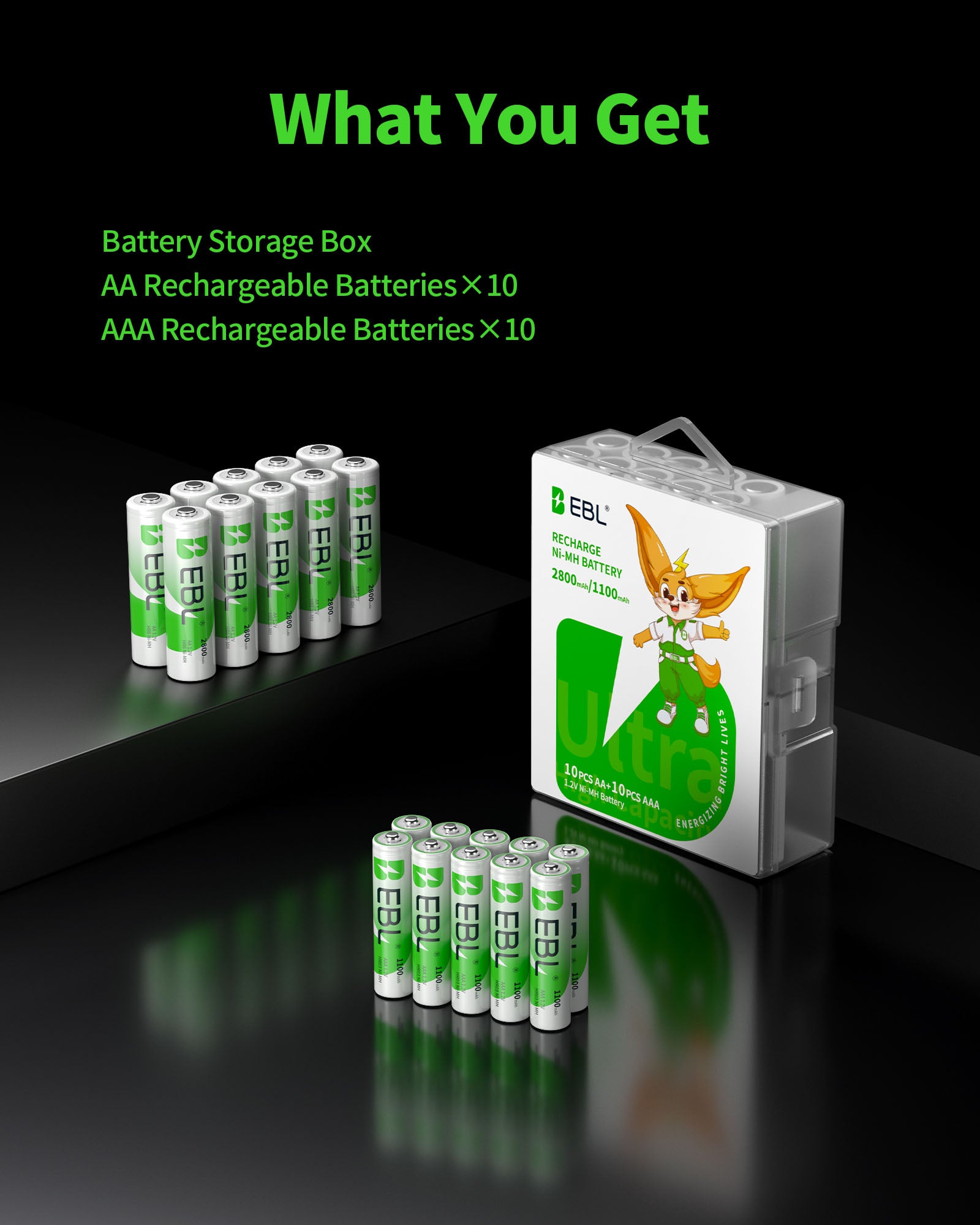 EBL rechargeable batteries and storage box on a black background