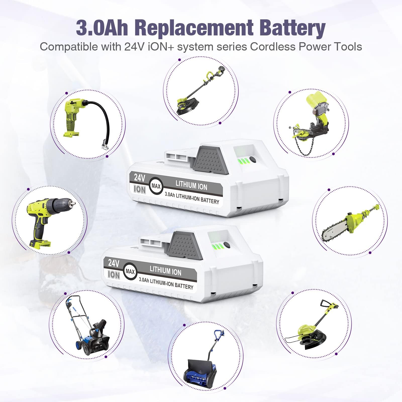2 Packs 24V 3000mAh Replacement Battery for Snow Joe+Sun Joe