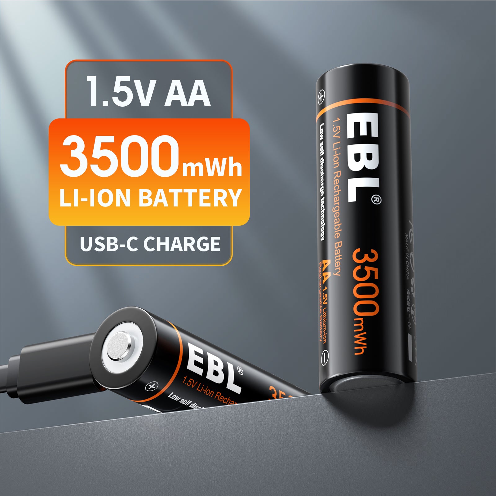 EBL 4Pcs 1.5V Lithium AA Batteries 3500mWh with USB-C Cable