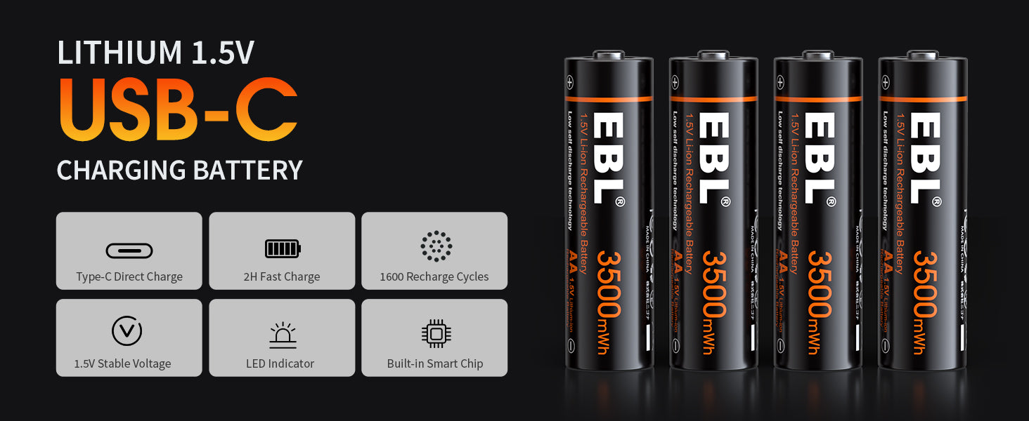 EBL 4Pcs 1.5V Rechargeable Lithium AA Batteries 3500mWh with USB-C Cable