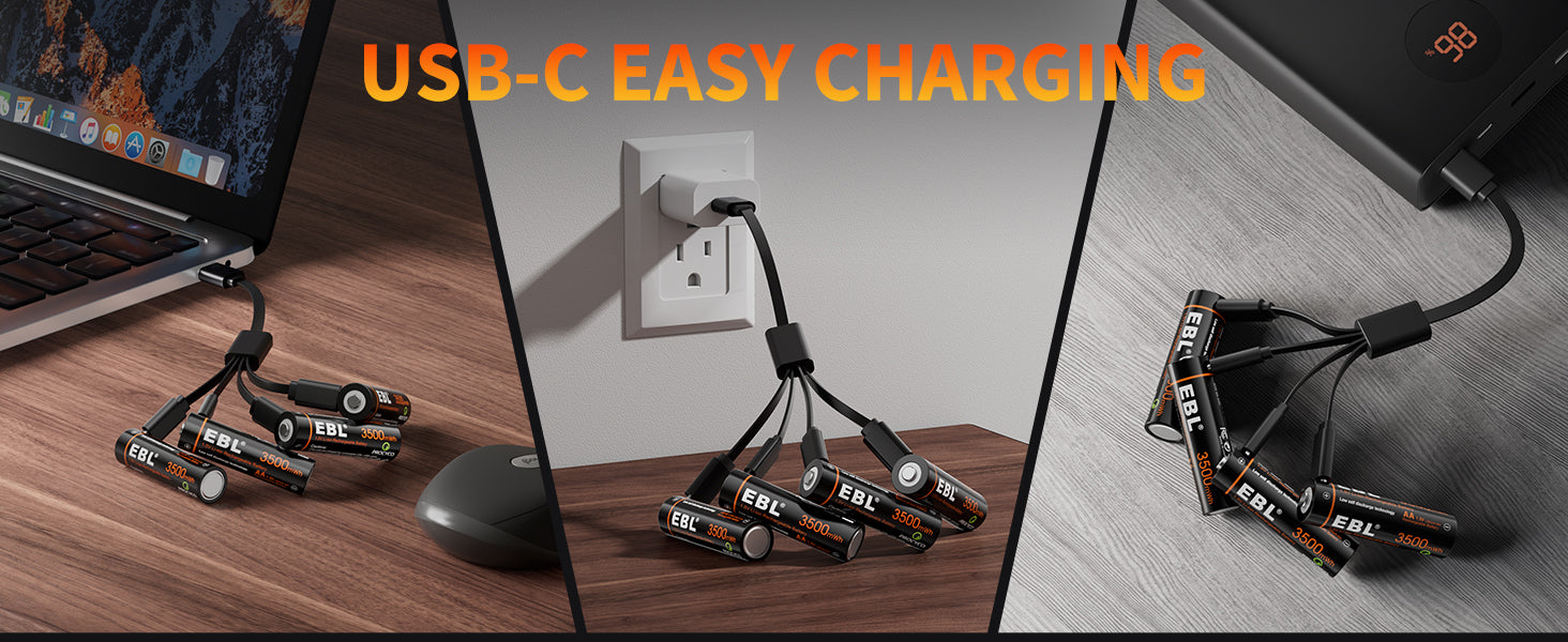 EBL 4Pcs 1.5V Rechargeable Lithium AA Batteries 3500mWh with USB-C Cable