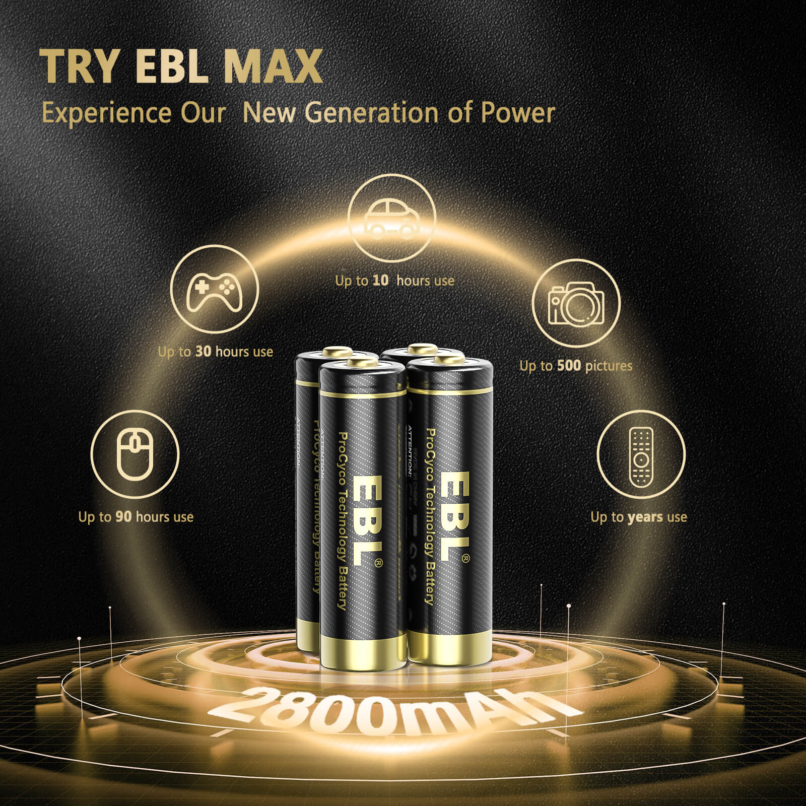 EBL Gold Pro Rechargeable AA Batteries 2800mAh