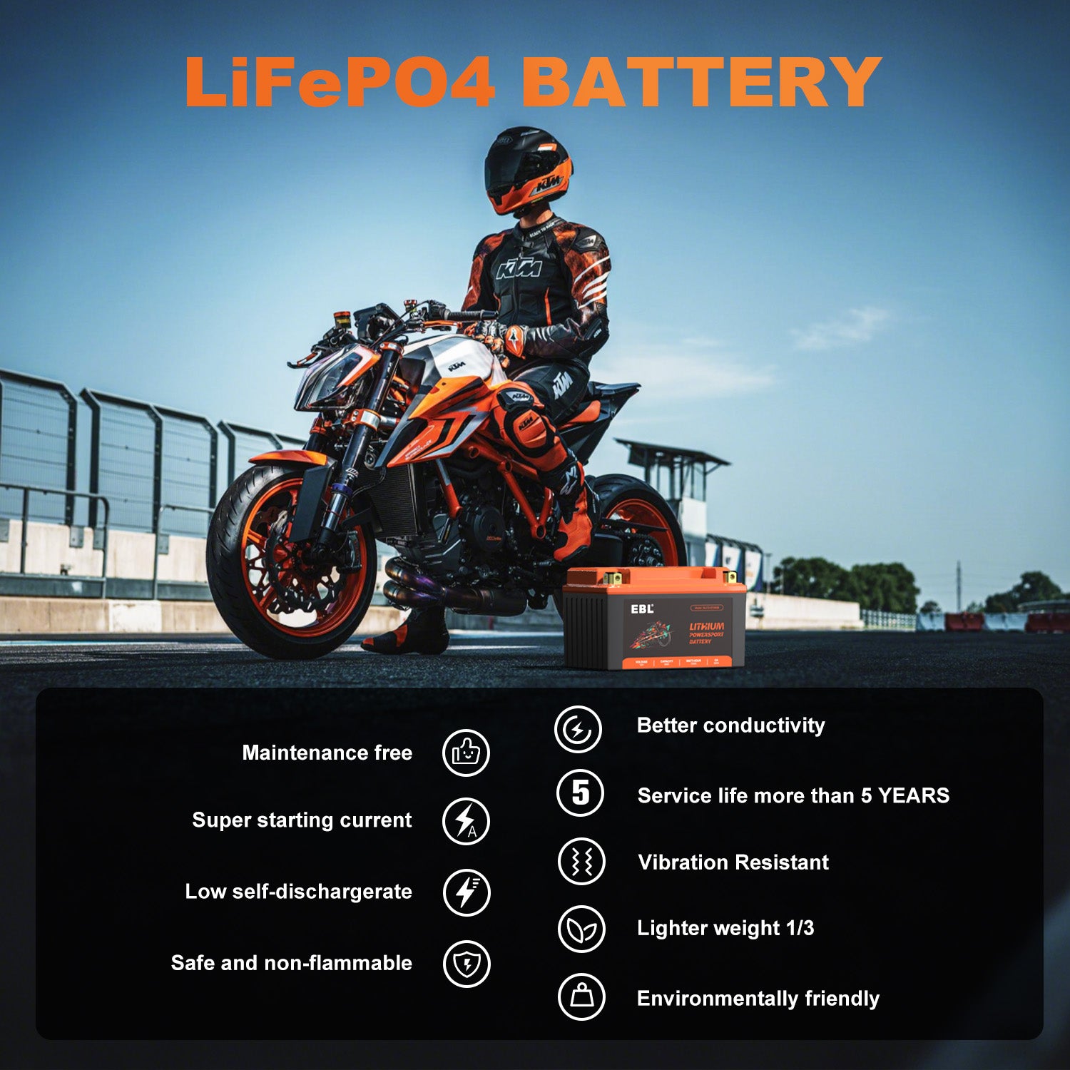 EBL 12V 6Ah LiFePO4 Motorcycle Battery, 180 CCA 360 CA Lithium Starter Battery, YTX7A-BS Replacement for ATV, UTV, Motocross, Dirt Bike, Snowmobile & Jet Ski
