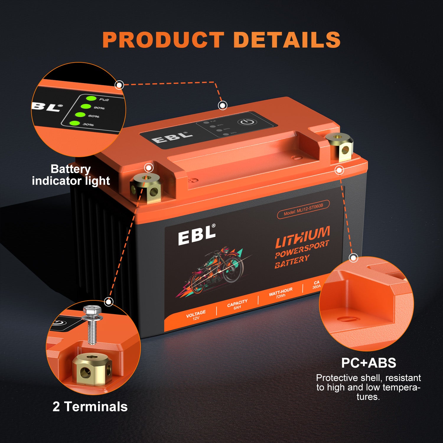 EBL 12V 6Ah LiFePO4 Motorcycle Battery, 180 CCA 360 CA Lithium Starter Battery, YTX7A-BS Replacement for ATV, UTV, Motocross, Dirt Bike, Snowmobile & Jet Ski