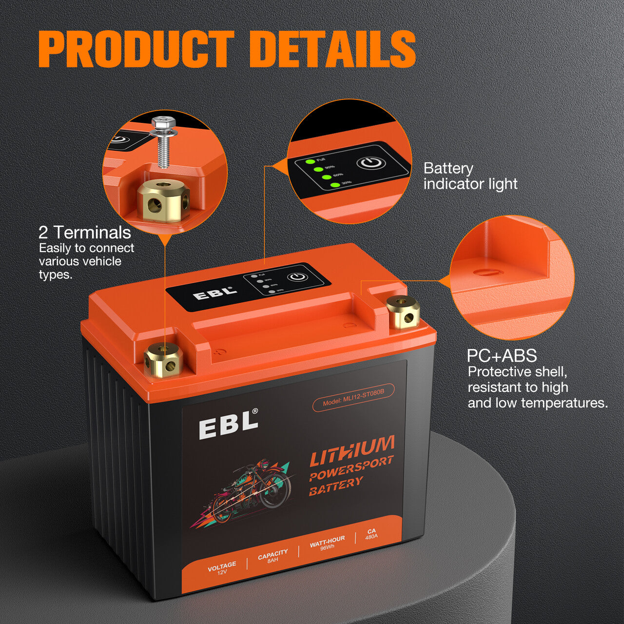 EBL Lithium Motorcycle Battery 12V-8Ah