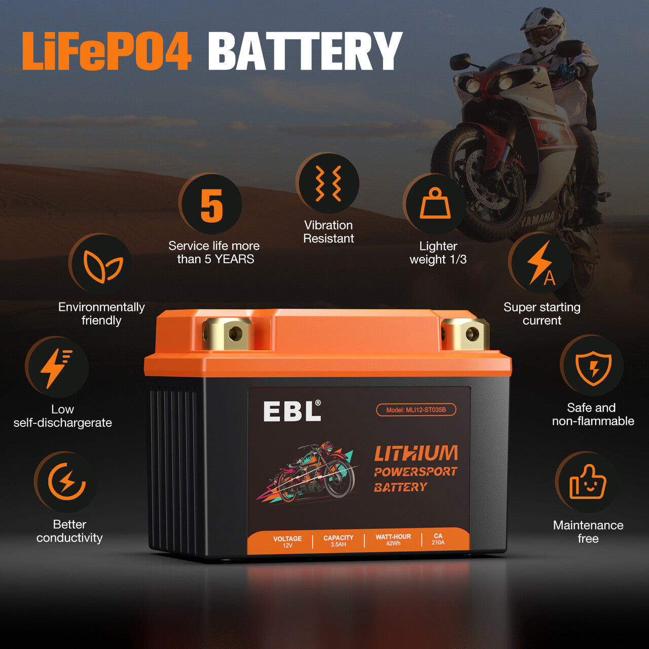EBL Lithium Motorcycle Battery 12V-3.5Ah