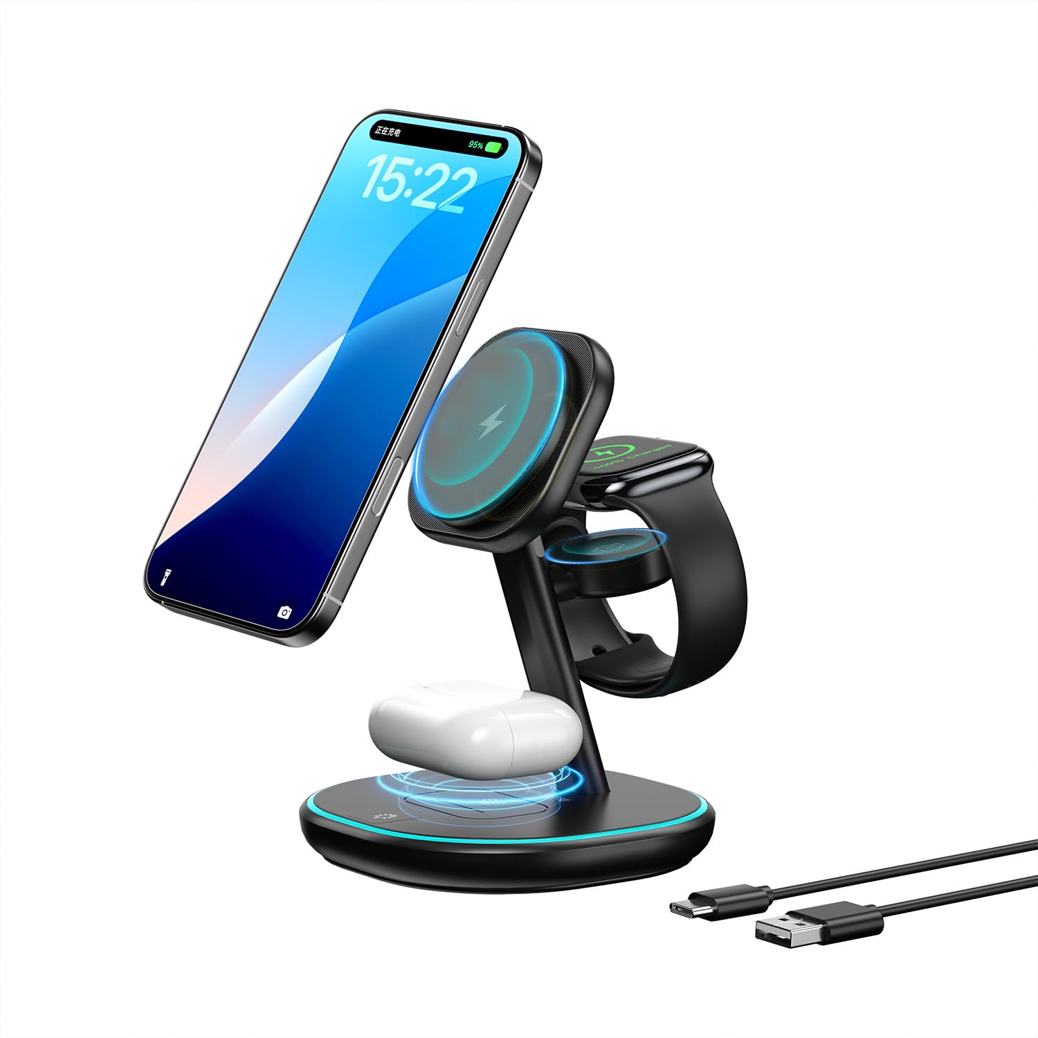 3-in-1 2X Faster 15W Wireless Charging Station for iPhone 16/15/14/13/12