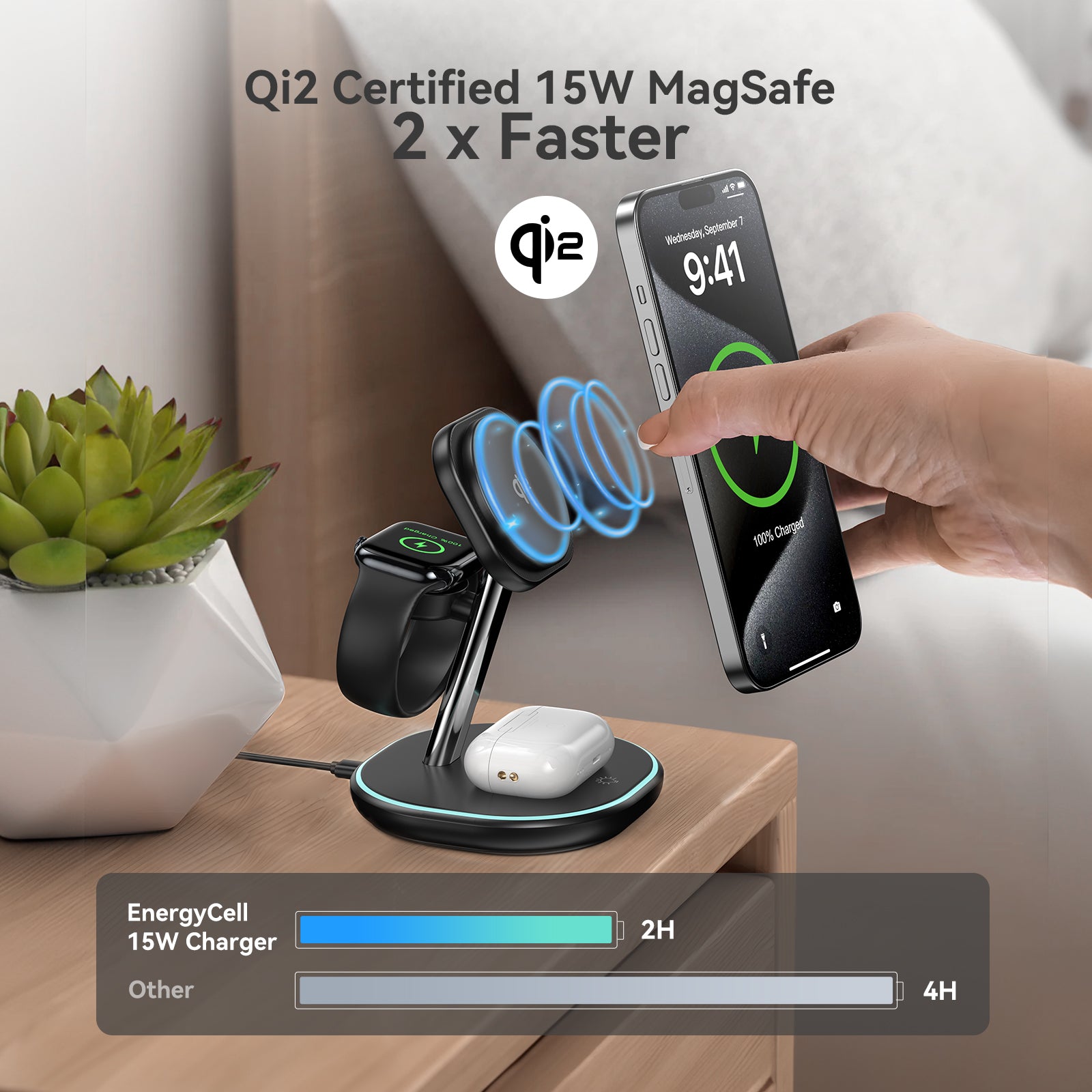 Qi2 Certified 3-in-1 15W Wireless Charger for Apple Devices