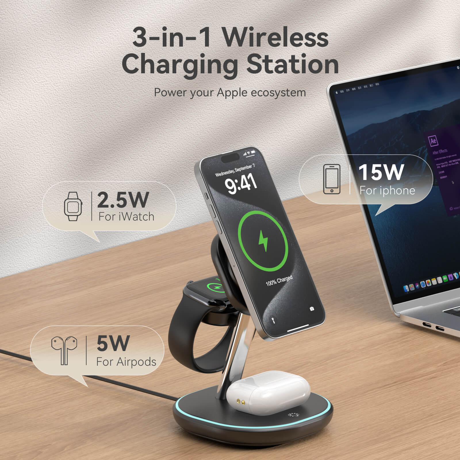 Qi2 Certified 3-in-1 15W Wireless Charger for Apple Devices