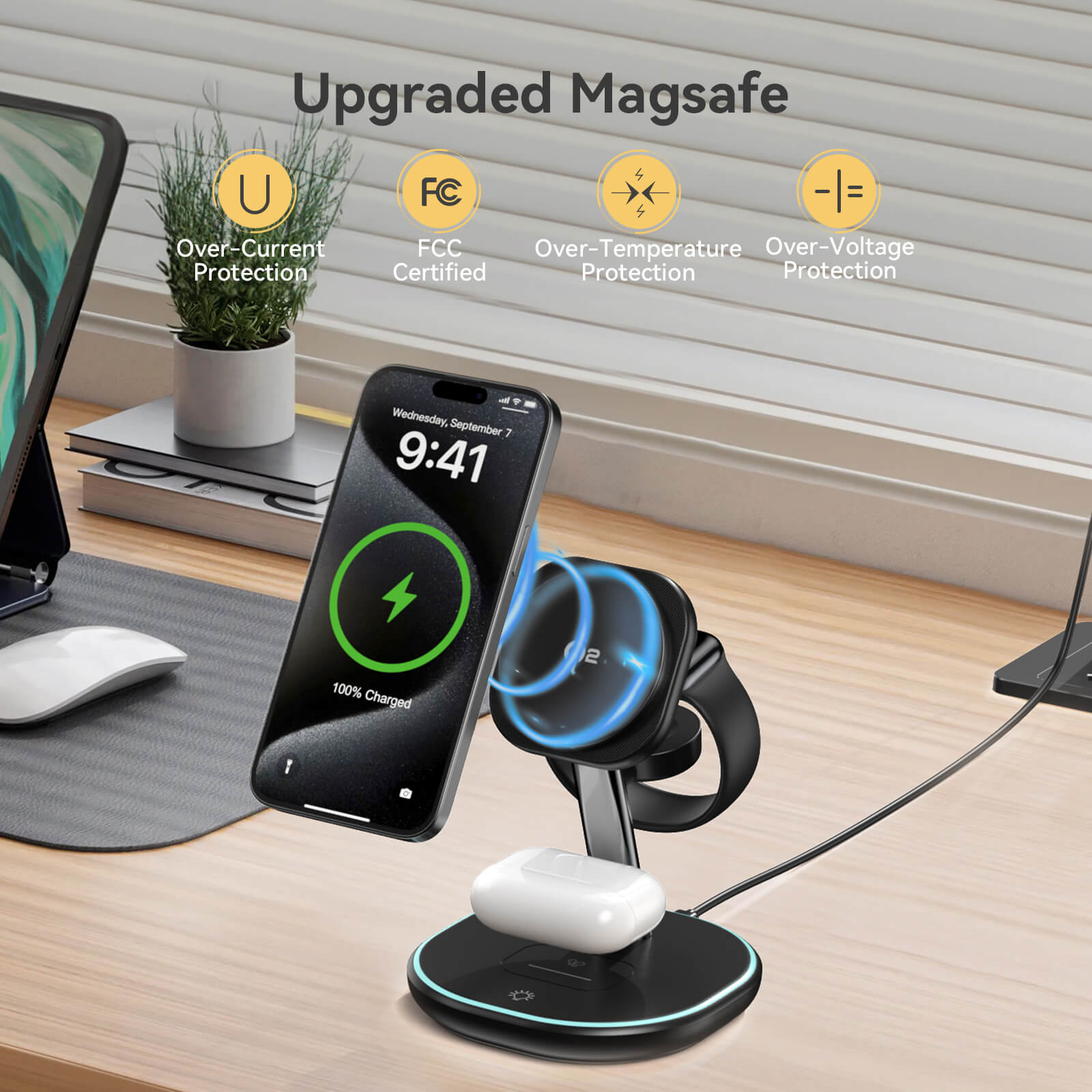 Qi2 Certified 3-in-1 15W Wireless Charger for Apple Devices