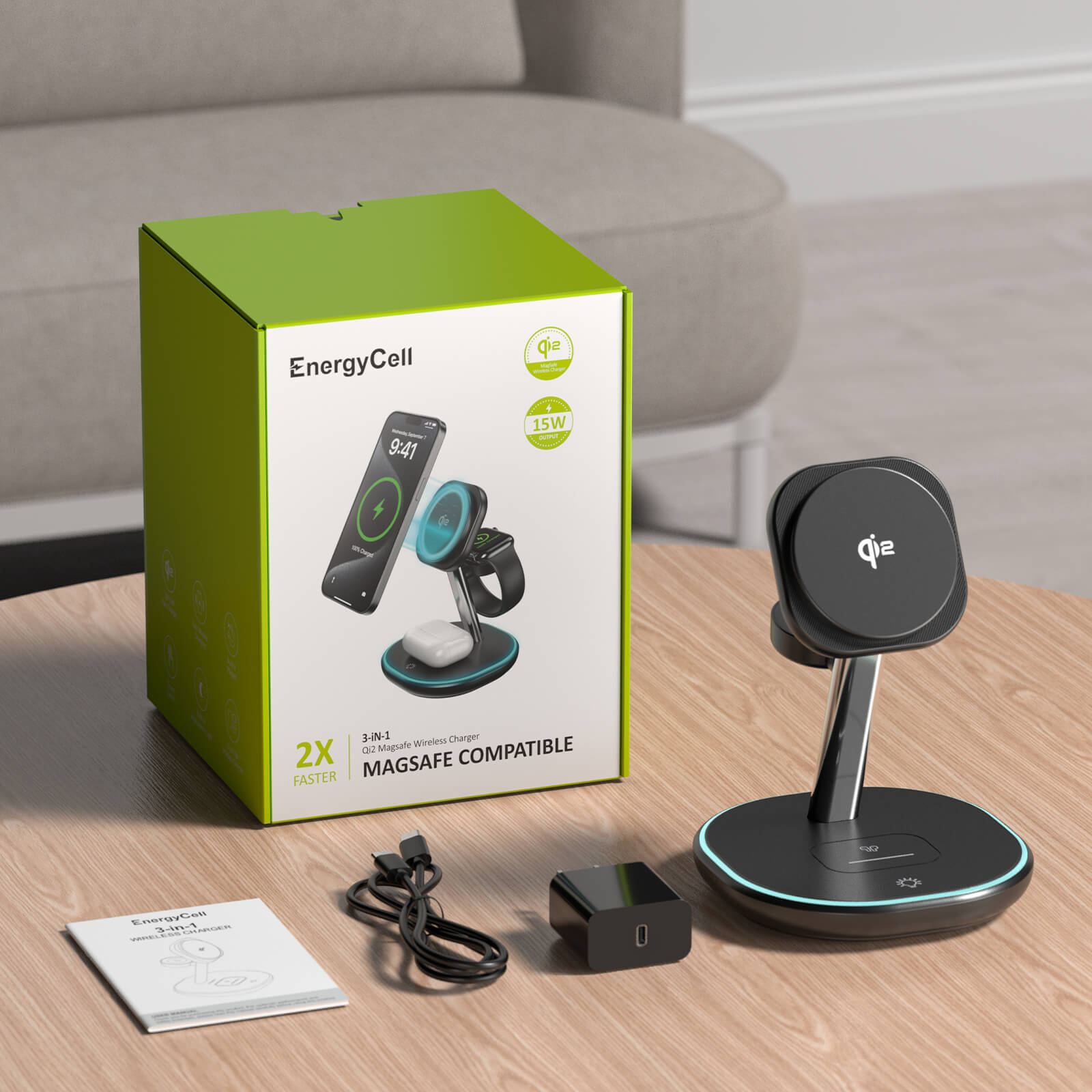 Qi2 Certified 3-in-1 15W Wireless Charger for Apple Devices