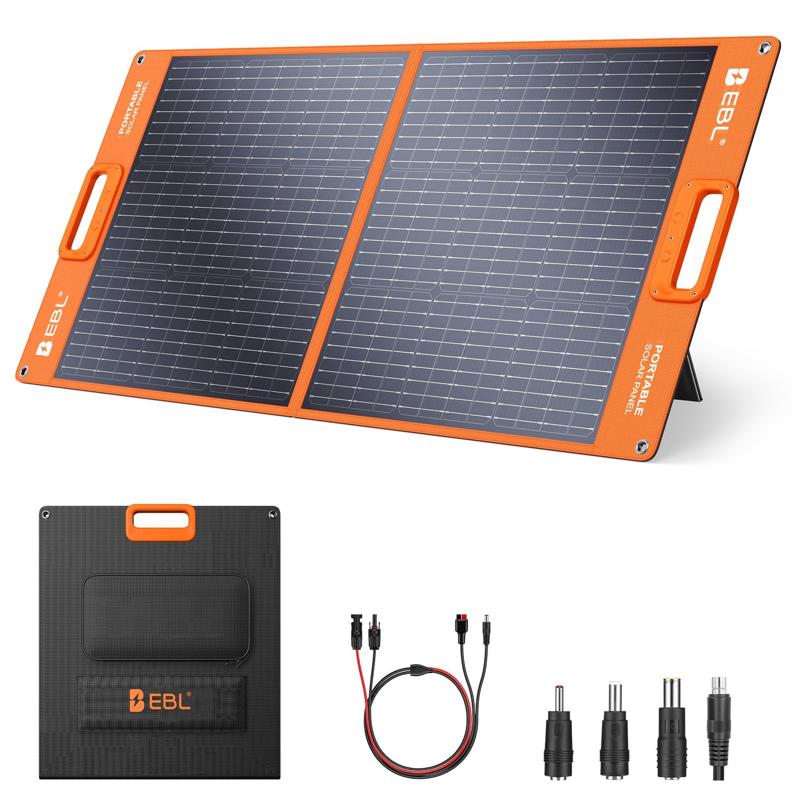 EBL Solar panel with carrying case and cables on a white background