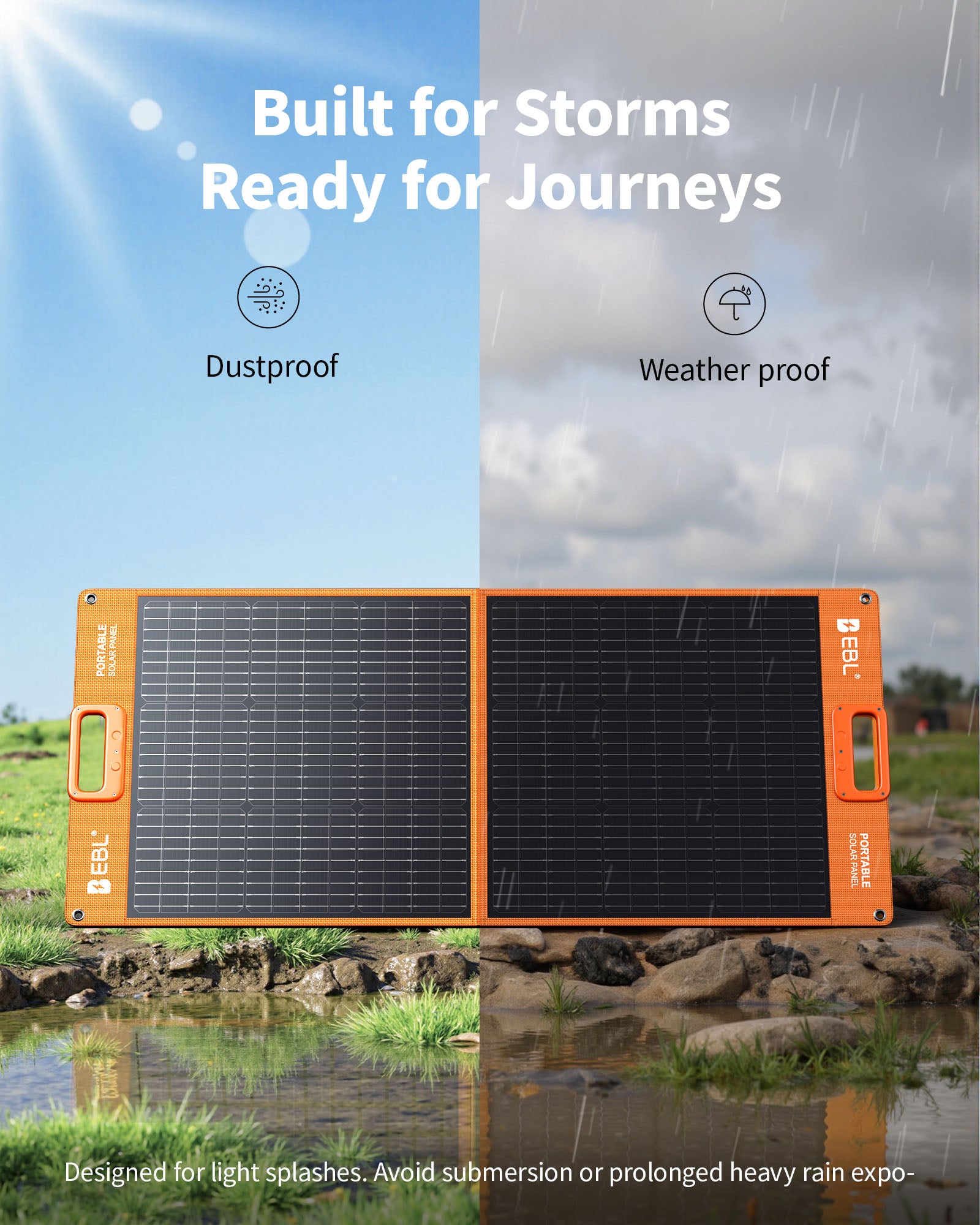 EBL Solar panel with 'Built for Storms, Ready for Journeys