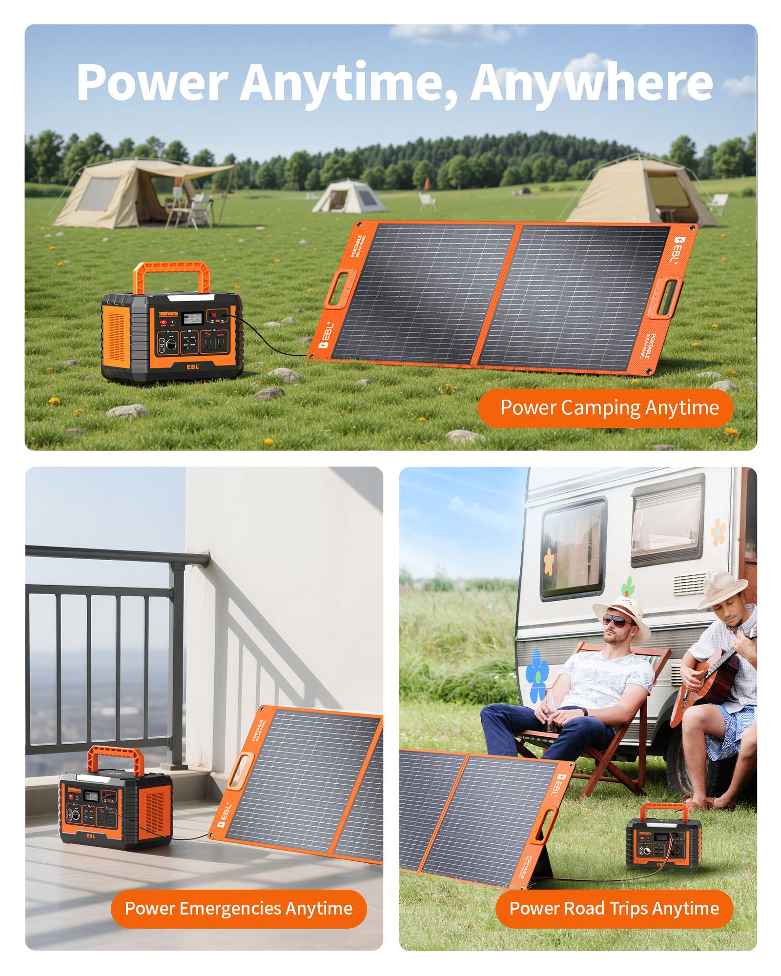 EBL Portable power station and solar panel. Anywhere in a camping and outdoor setting.
