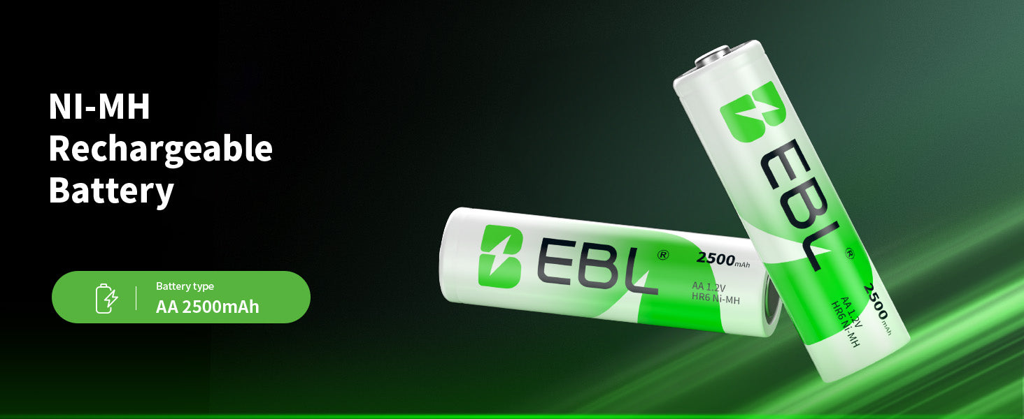 EBL AA rechargeable battery with green and white design on a dark background