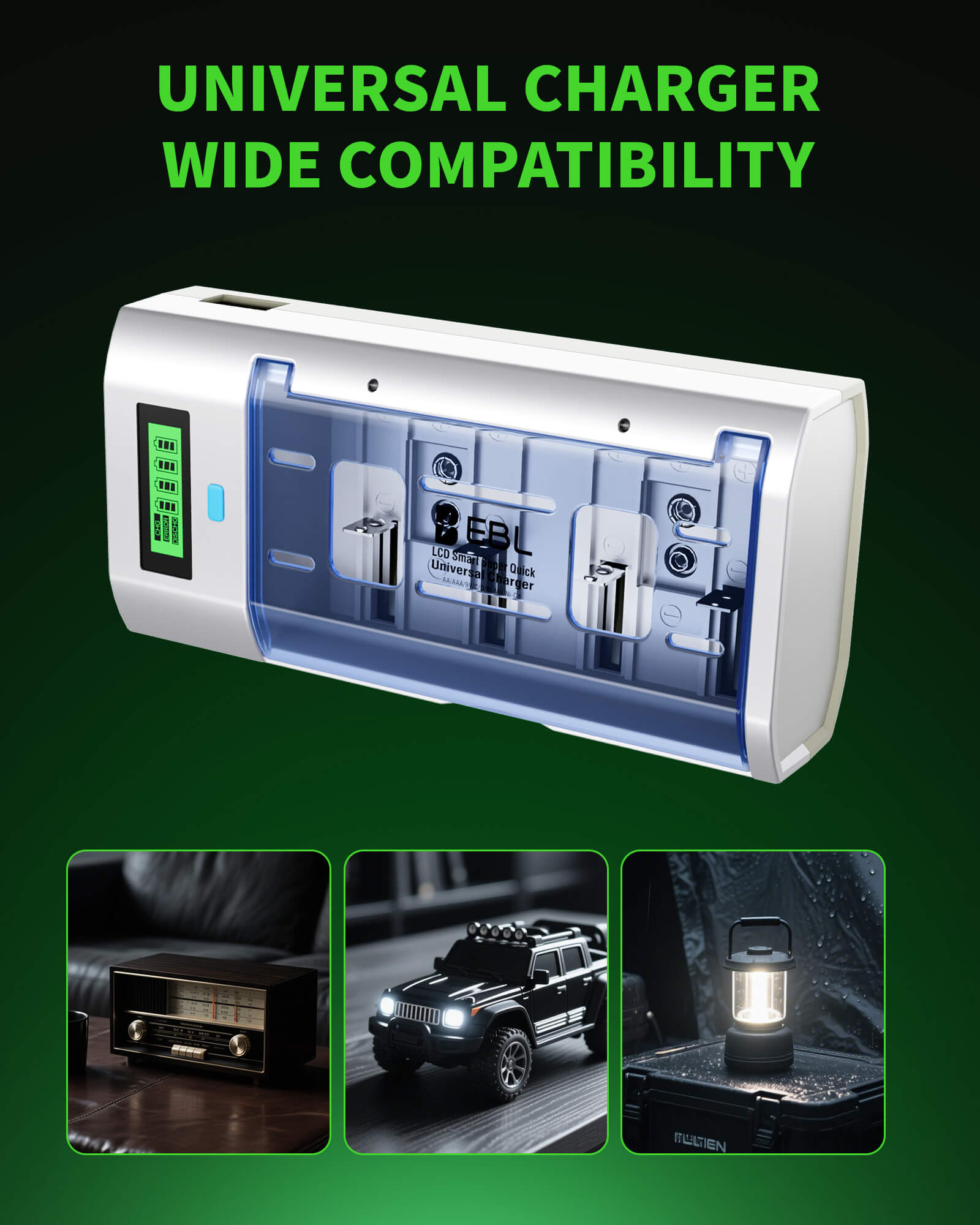 Universal charger with wide compatibility on a green background