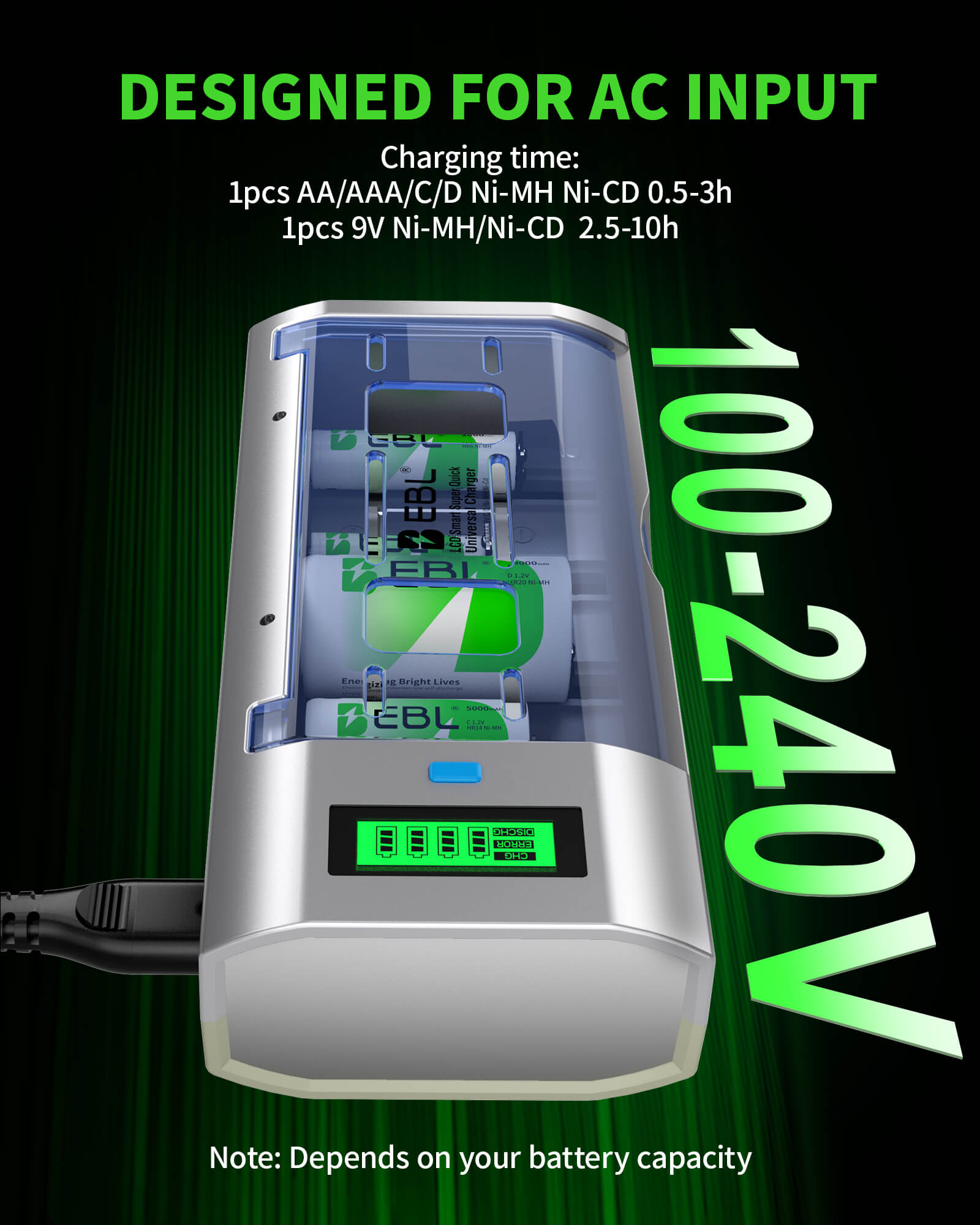 EBL 906 LCD Smart Battery Charger with C D Rechargeable Batteries
