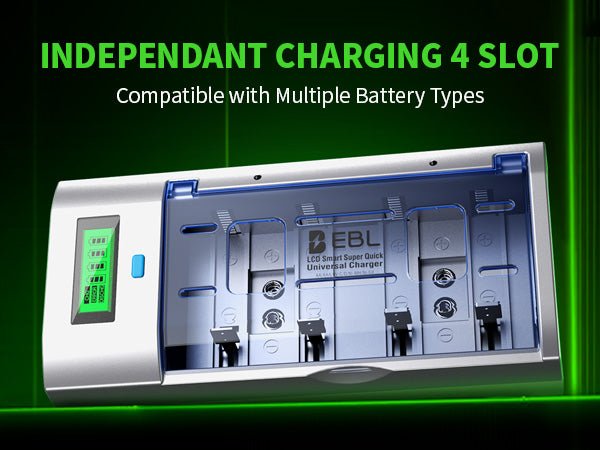 EBL battery charger with four slots on a green background