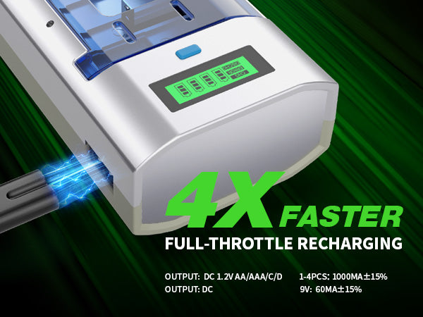 Battery charger with digital display and text indicating fast charging capabilities on a green background