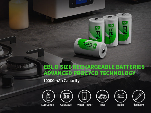EBL rechargeable batteries on a dark surface with text highlighting features.