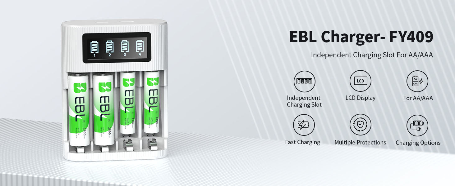 EBL AA AAA Rechargeable Batteries with FY-409 4-Bay Individual LCD Charger