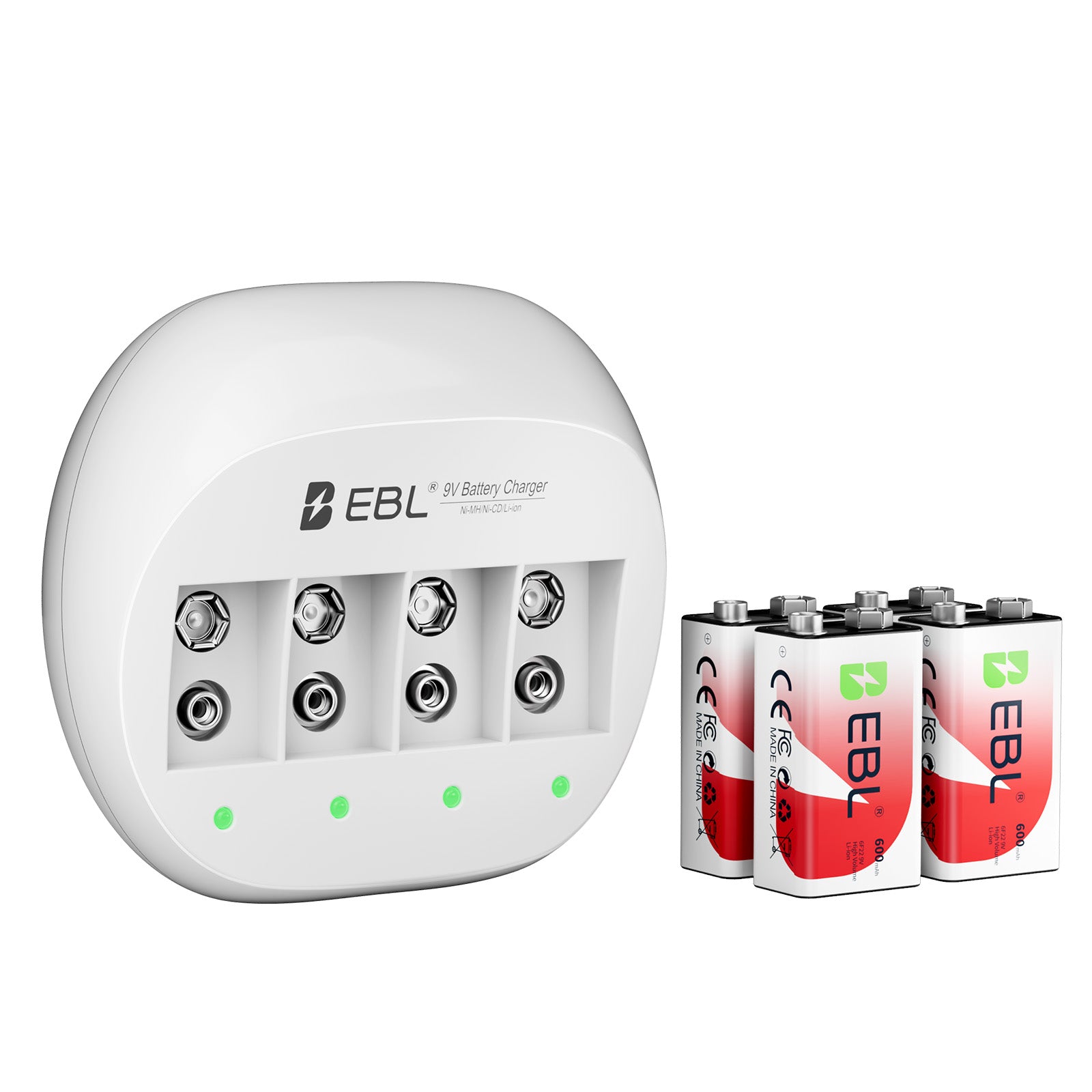 EBL 4 Packs 600mAh 9V Li-ion Batteries with 4 Bay 9V Charger