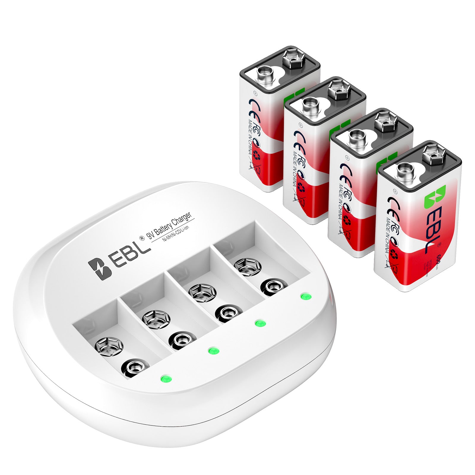 EBL 4 Packs 600mAh 9V Li-ion Batteries with 4 Bay 9V Charger