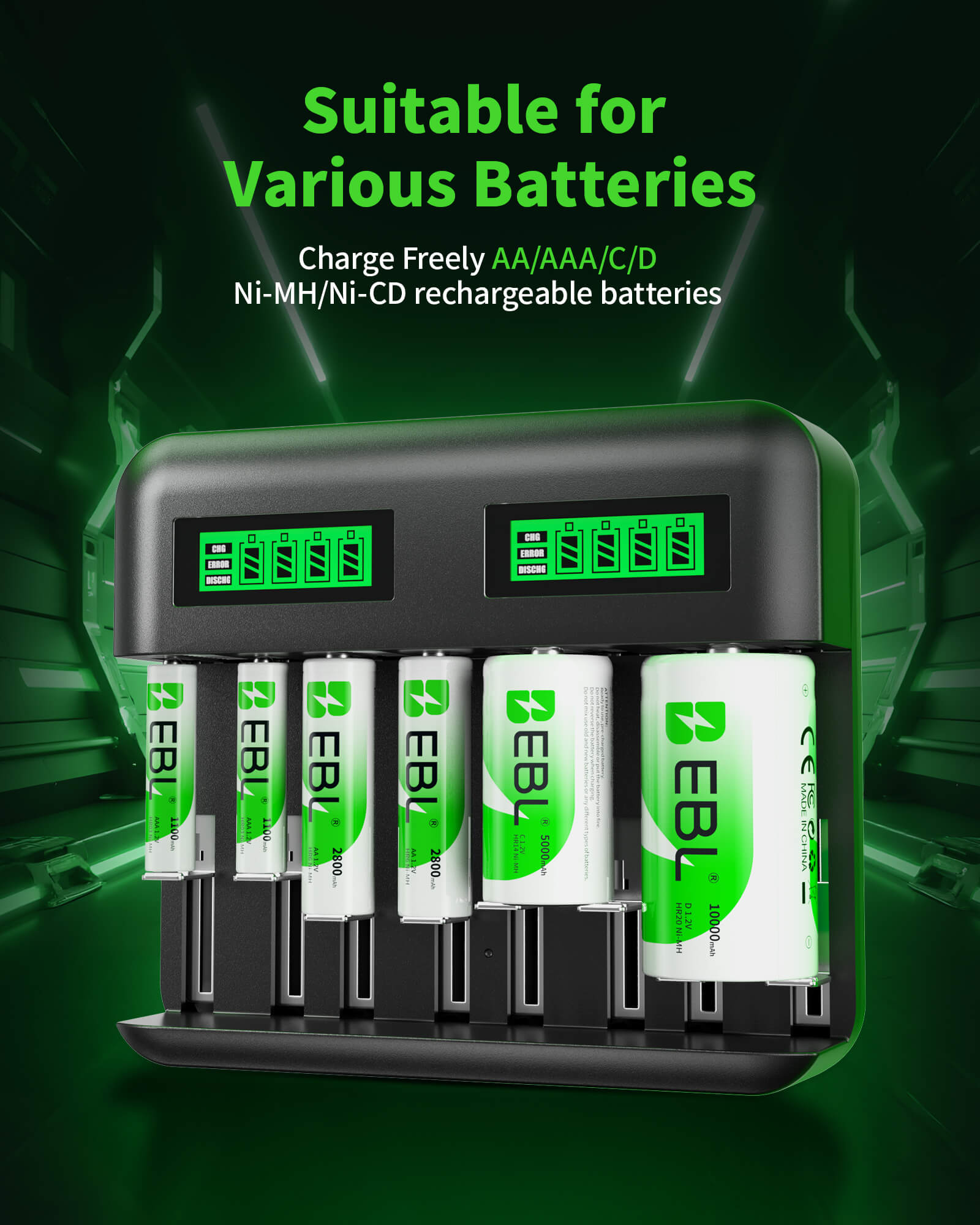 EBL C9008 LCD Battery Charger with C D Rechargeable Batteries