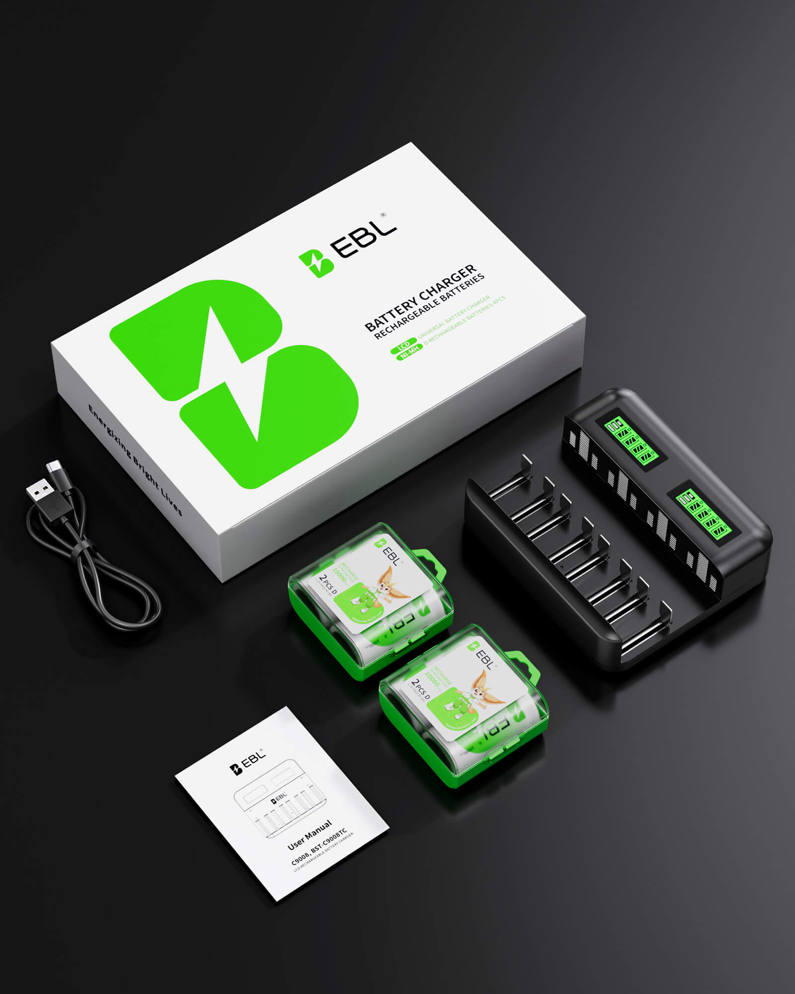 EBL C9008 LCD Battery Charger with C D Rechargeable Batteries
