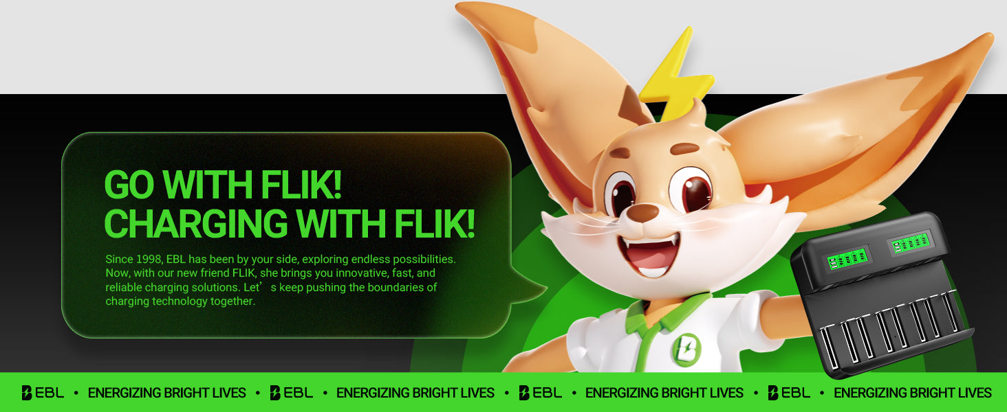 Cartoon fox character with charging device and text 'Go with Flik! Charging with Flik!' on a green background