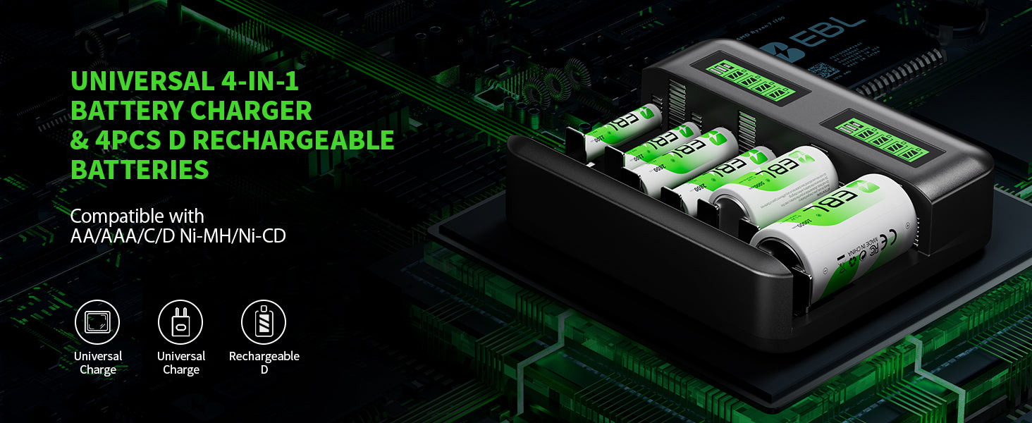 4-in-1 battery charger with rechargeable batteries on a dark background